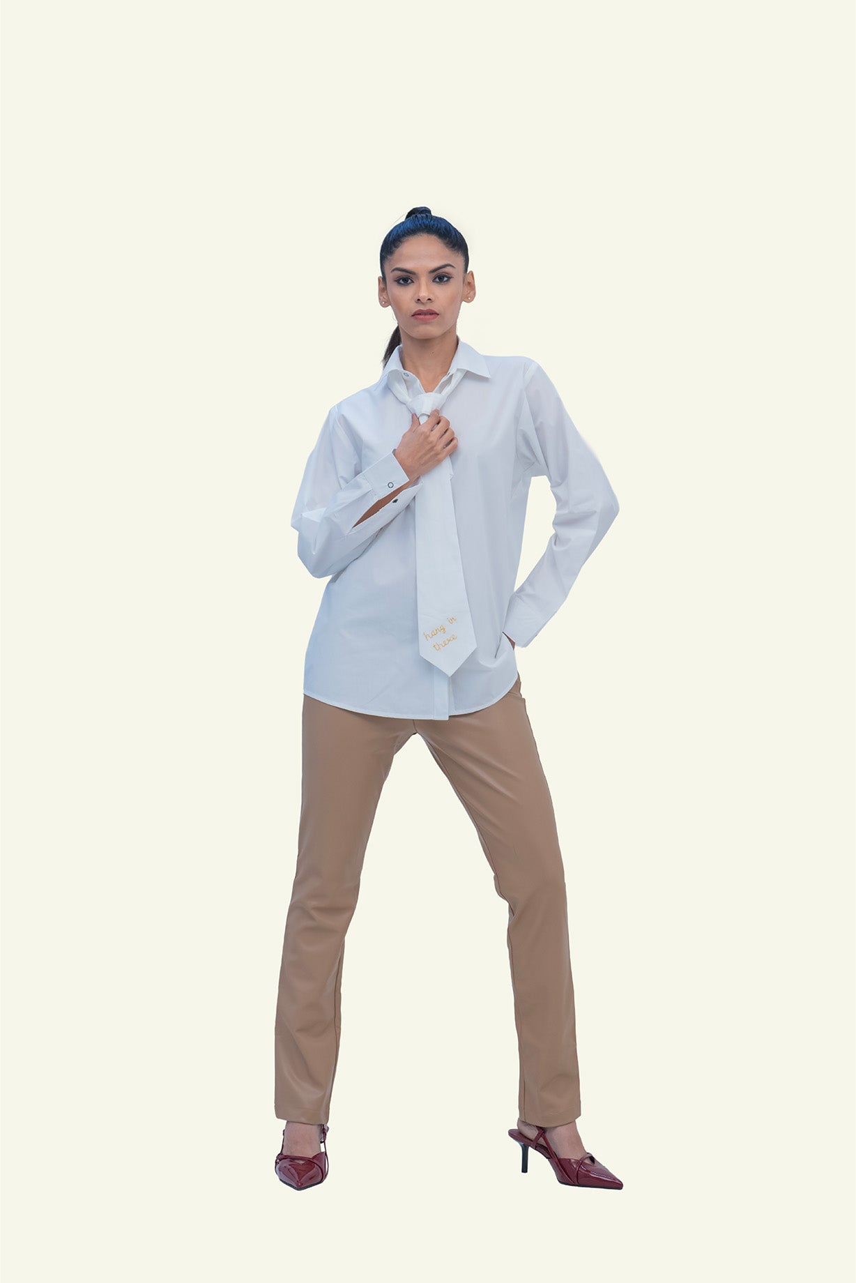 White Cotton Shirt with White Cotton Tie