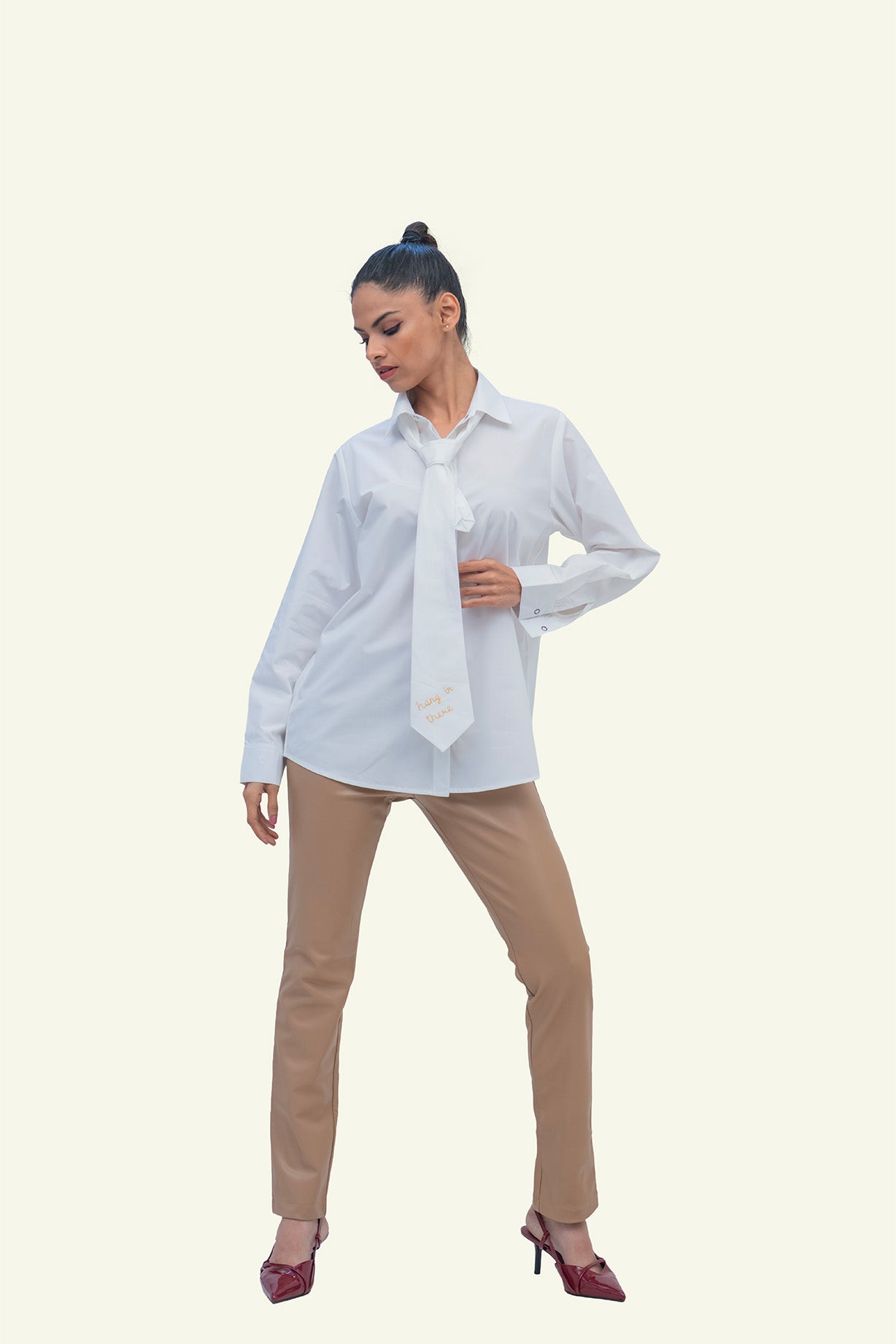 White Cotton Shirt with White Cotton Tie