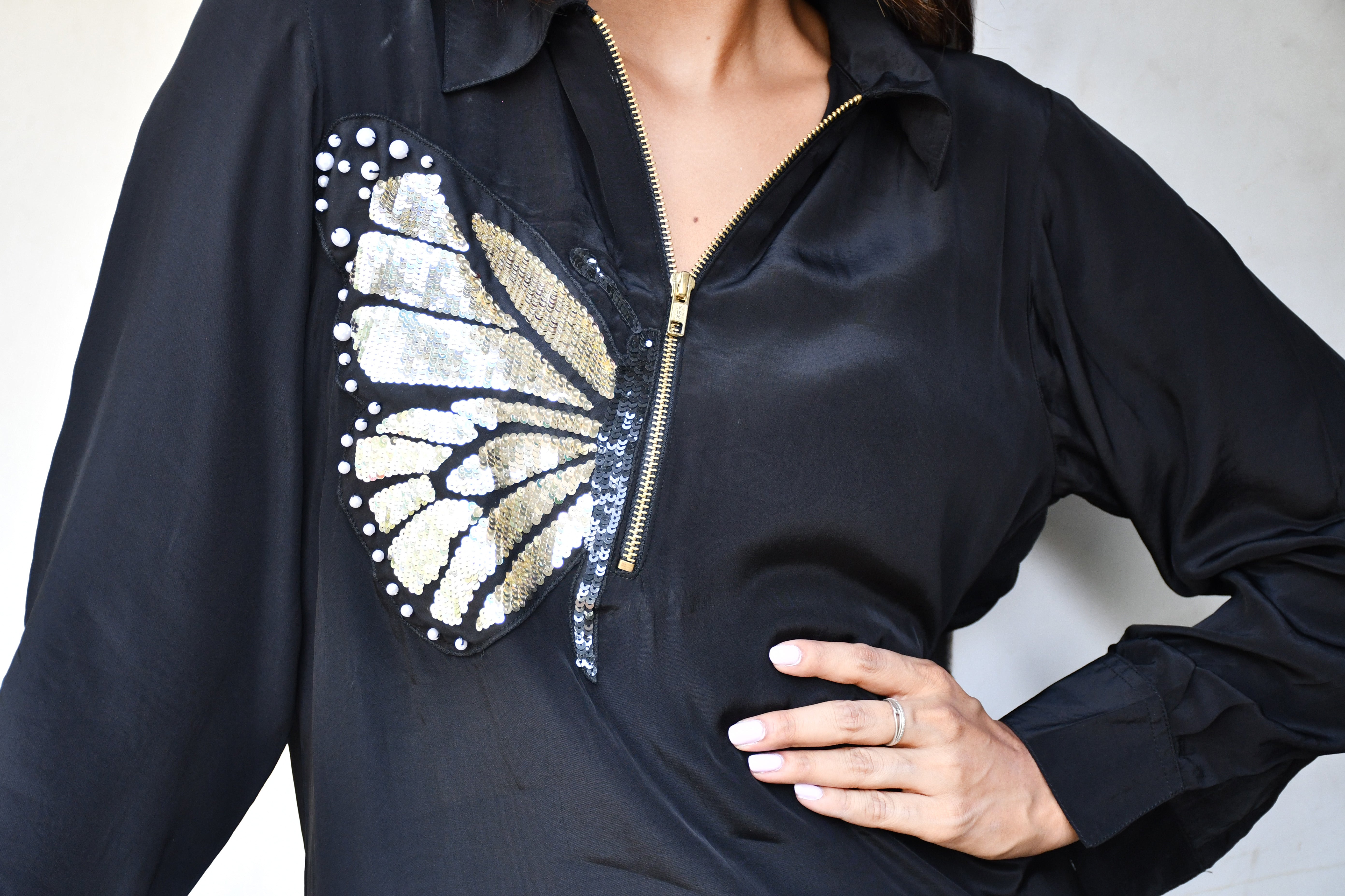 BLACK CREPE DRESS WITH SEQUIN BUTTERFLY EMBROIDERY