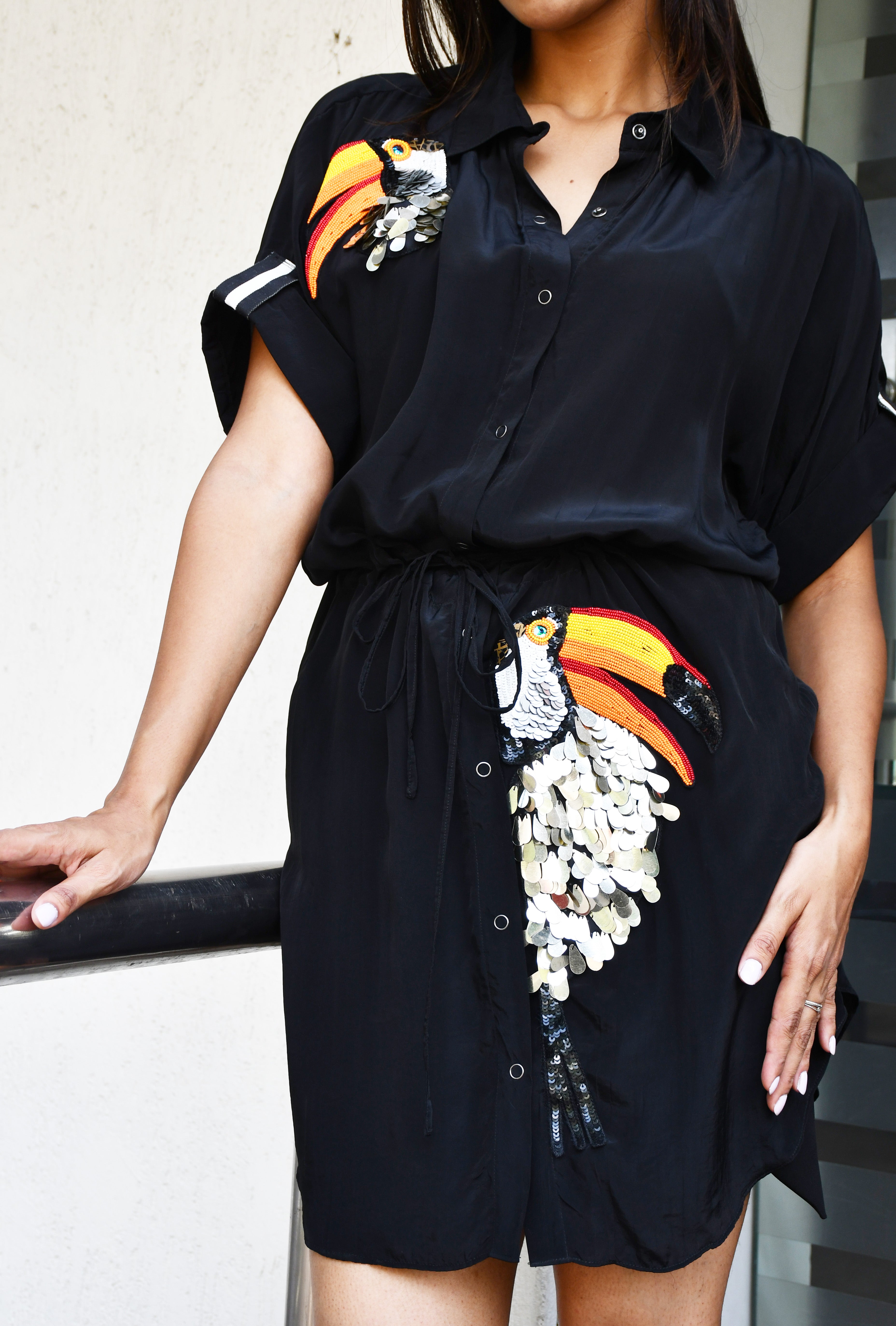 BLACK CREPE DRESS WITH TOUCAN BIRD EMBROIDERY
