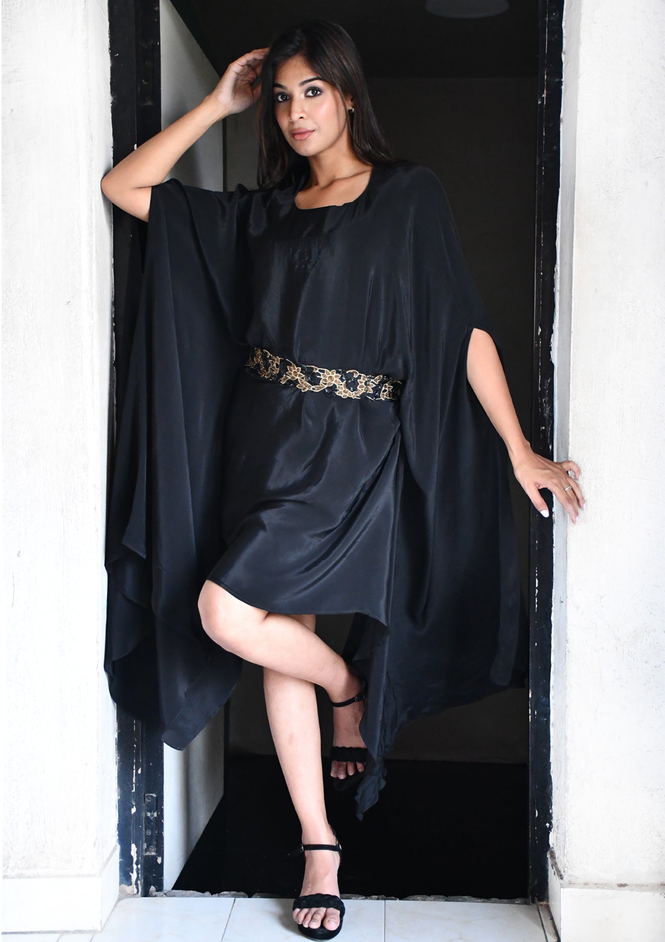 BLACK CREPE CAPE DRESS WITH EMBROIDERED BELT