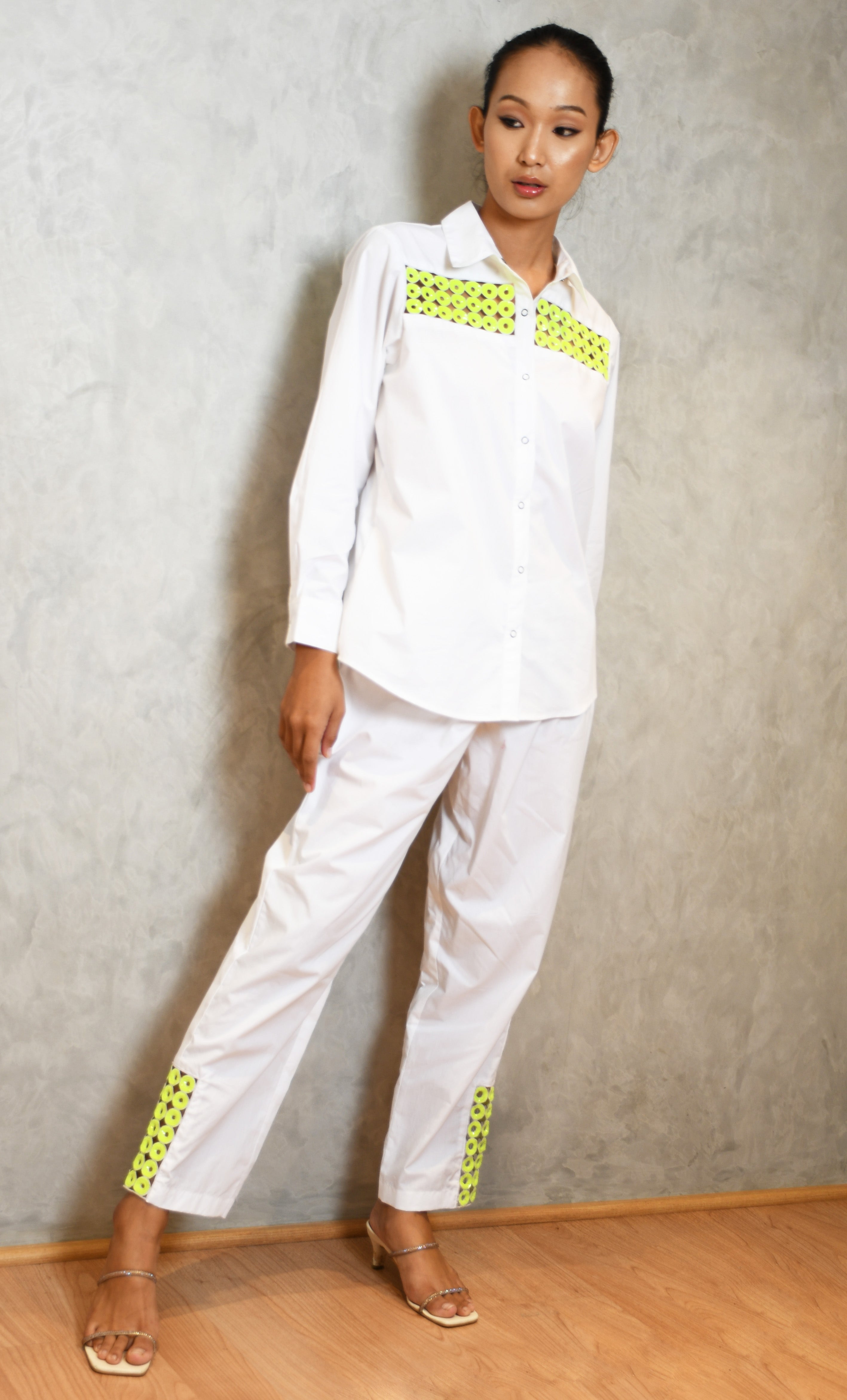 WHITE CO-ORD SET WITH GREEN SEQUIN CUTWORK