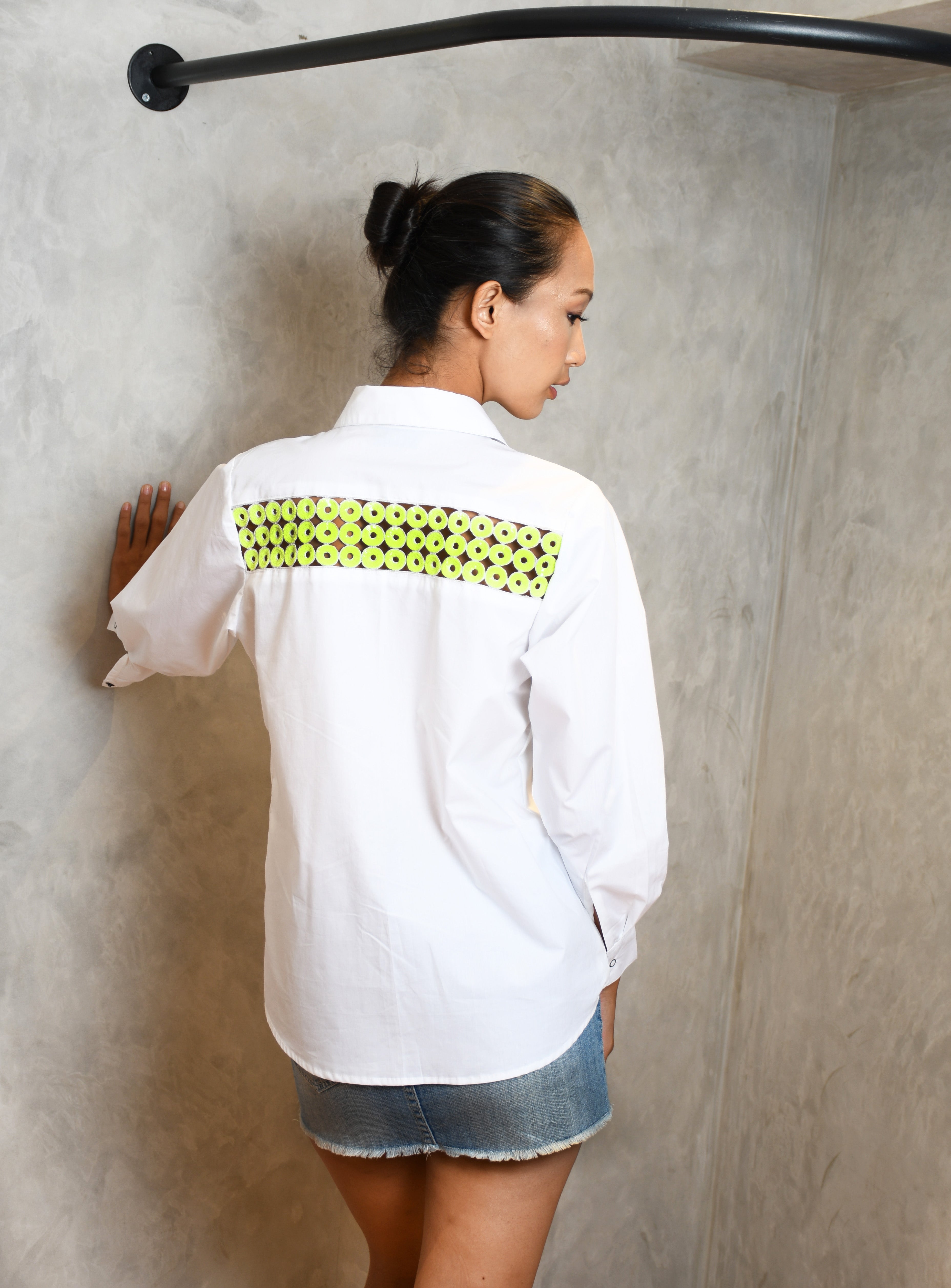 WHITE  COTTON SHIRT WITH GREEN SEQUIN CUTWORK