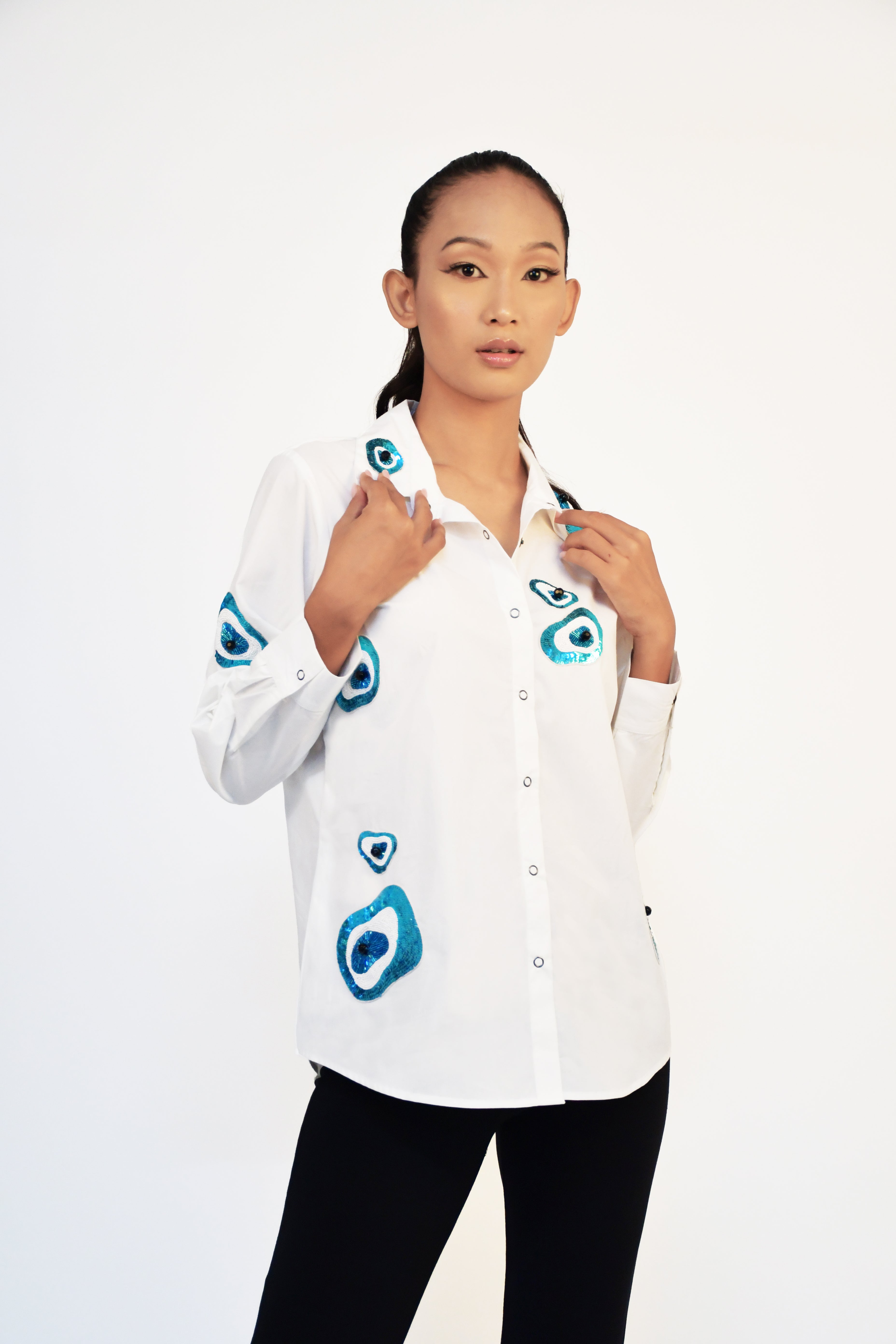 WHITE COTTON SHIRT WITH EVIL EYE EMBROIDERY