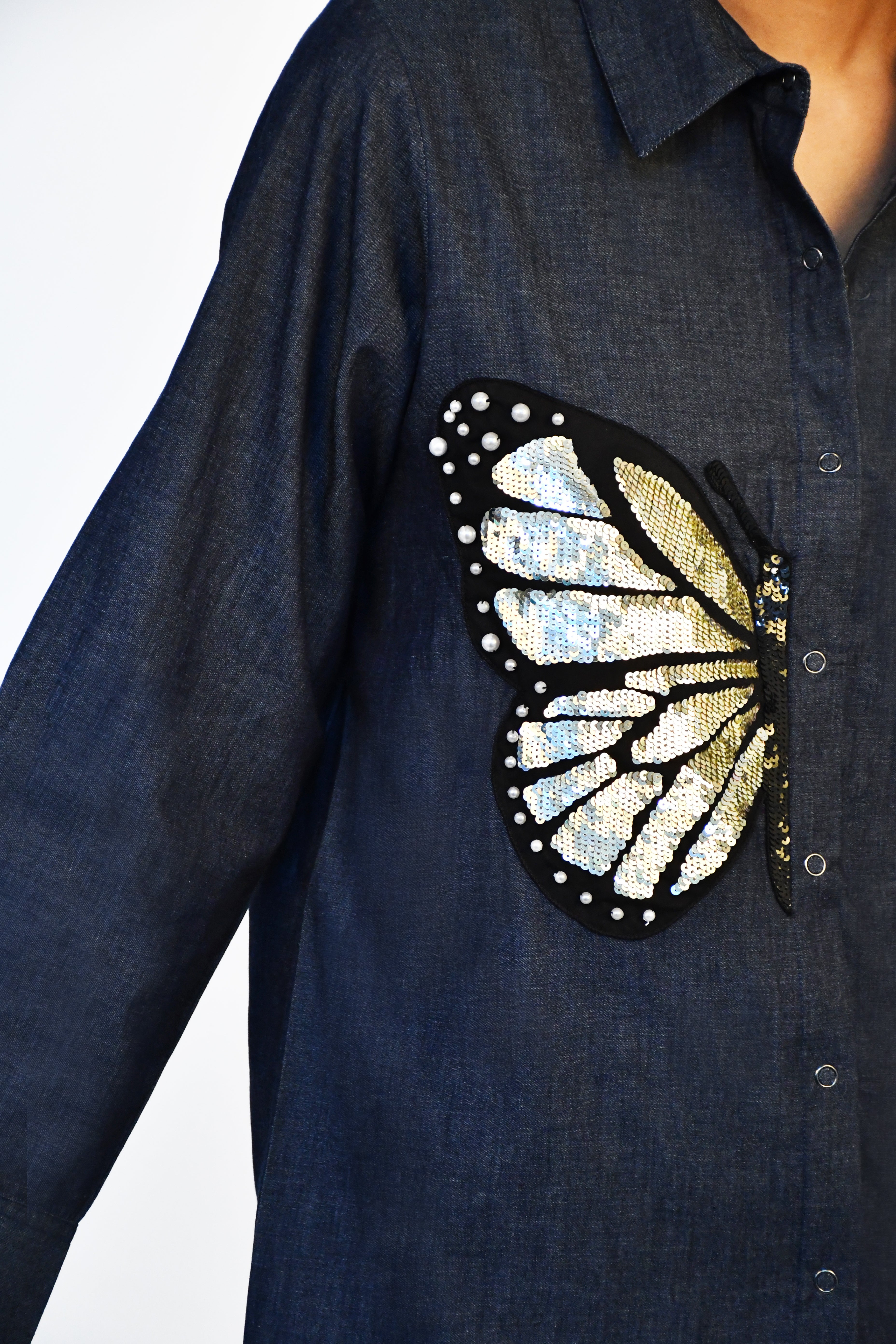 DENIM SHIRT WITH LIGHT GOLD MULTIPLE BUTTERFLY EMBROIDERY