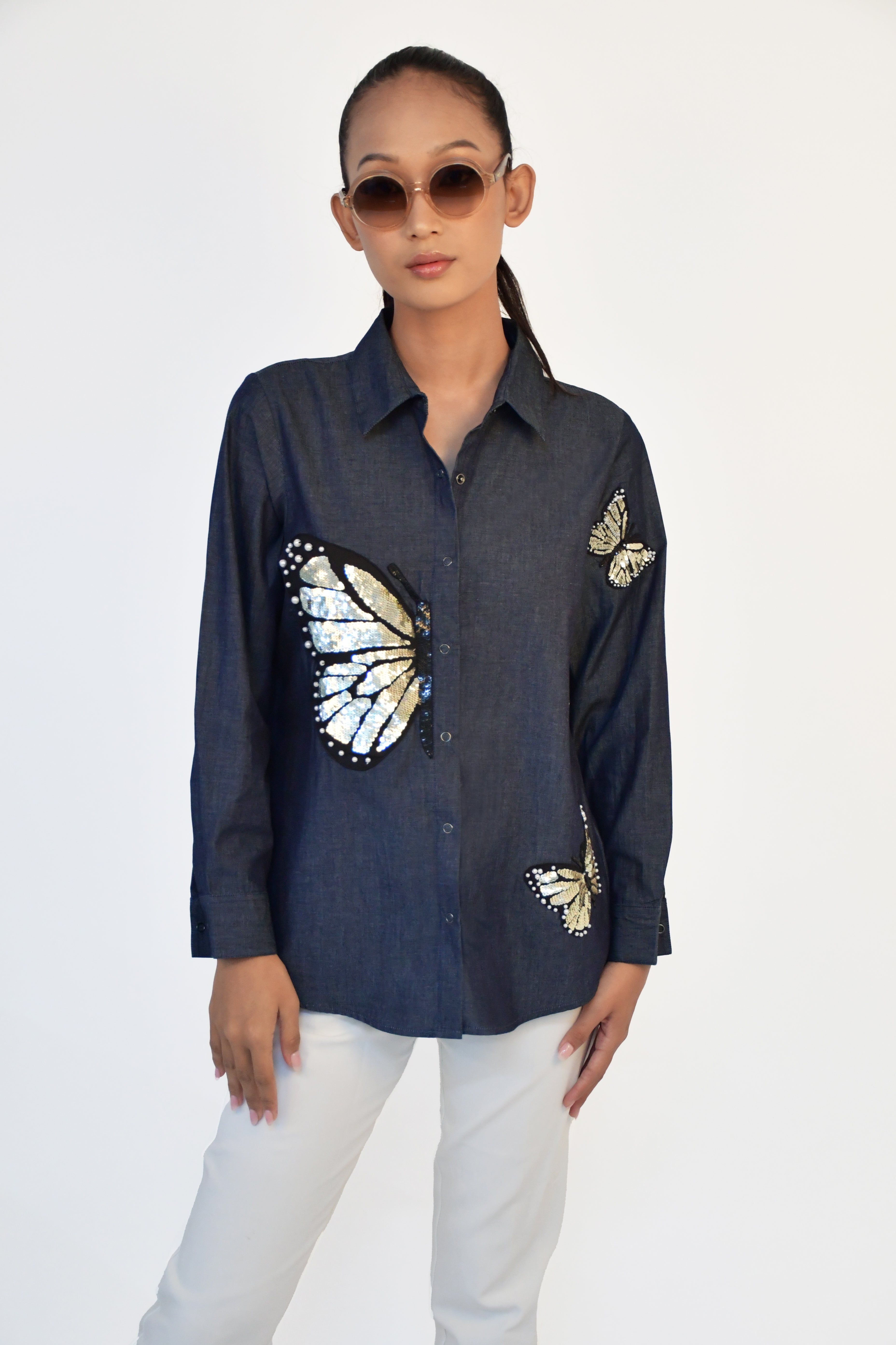 DENIM SHIRT WITH LIGHT GOLD MULTIPLE BUTTERFLY EMBROIDERY