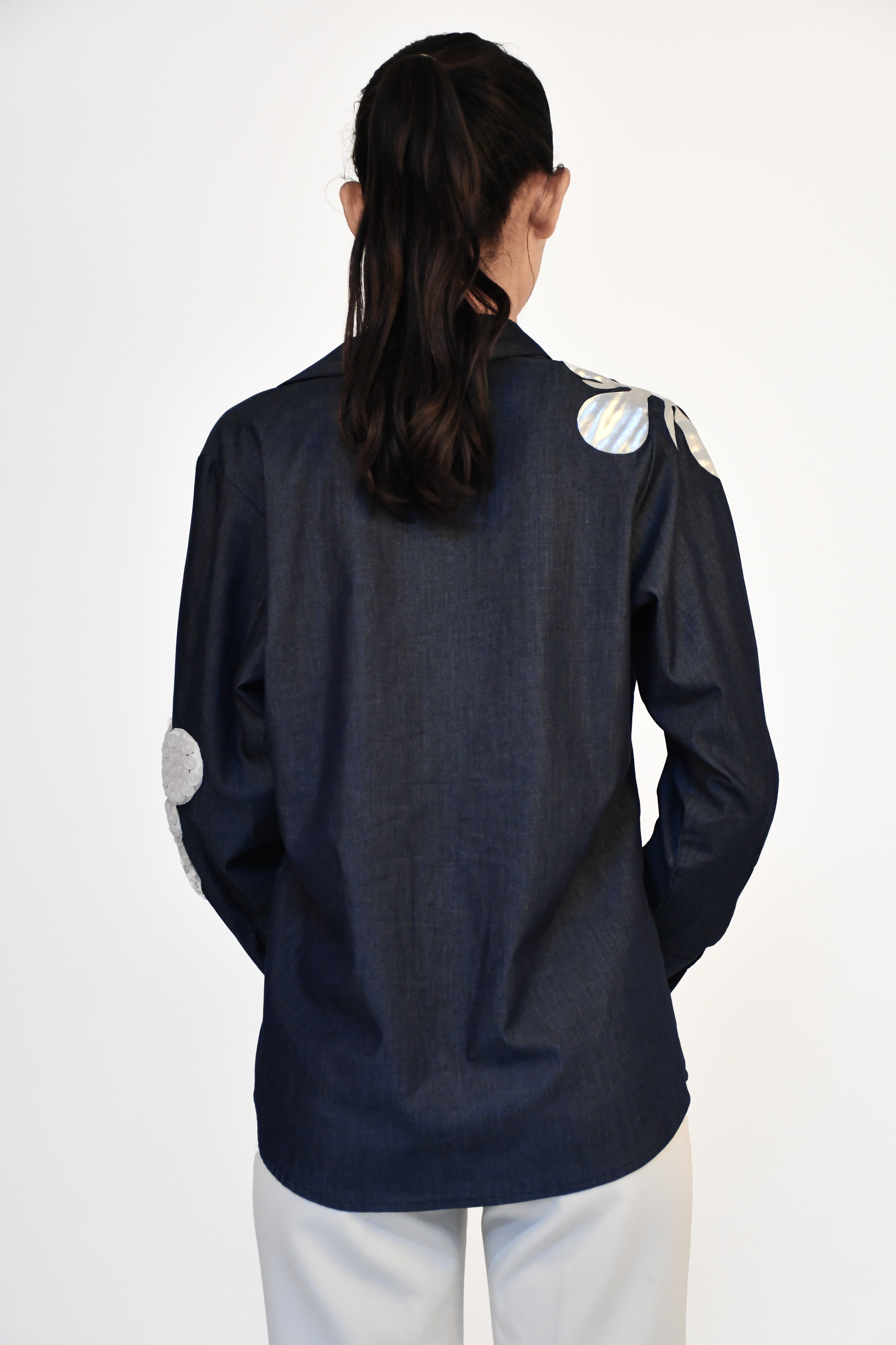 DENIM SHIRT WITH BUTTON PATCH AND SILVER LEATHER PATCH