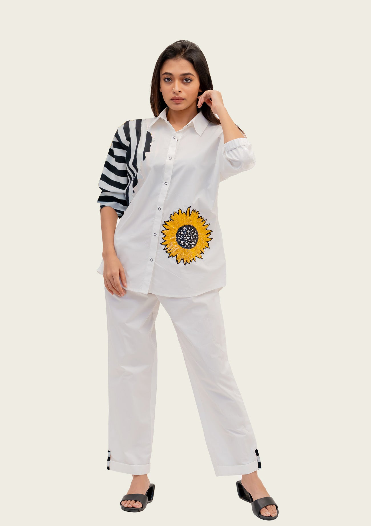 White Cotton Shirt and Pants Co-ord Set with Embroidery