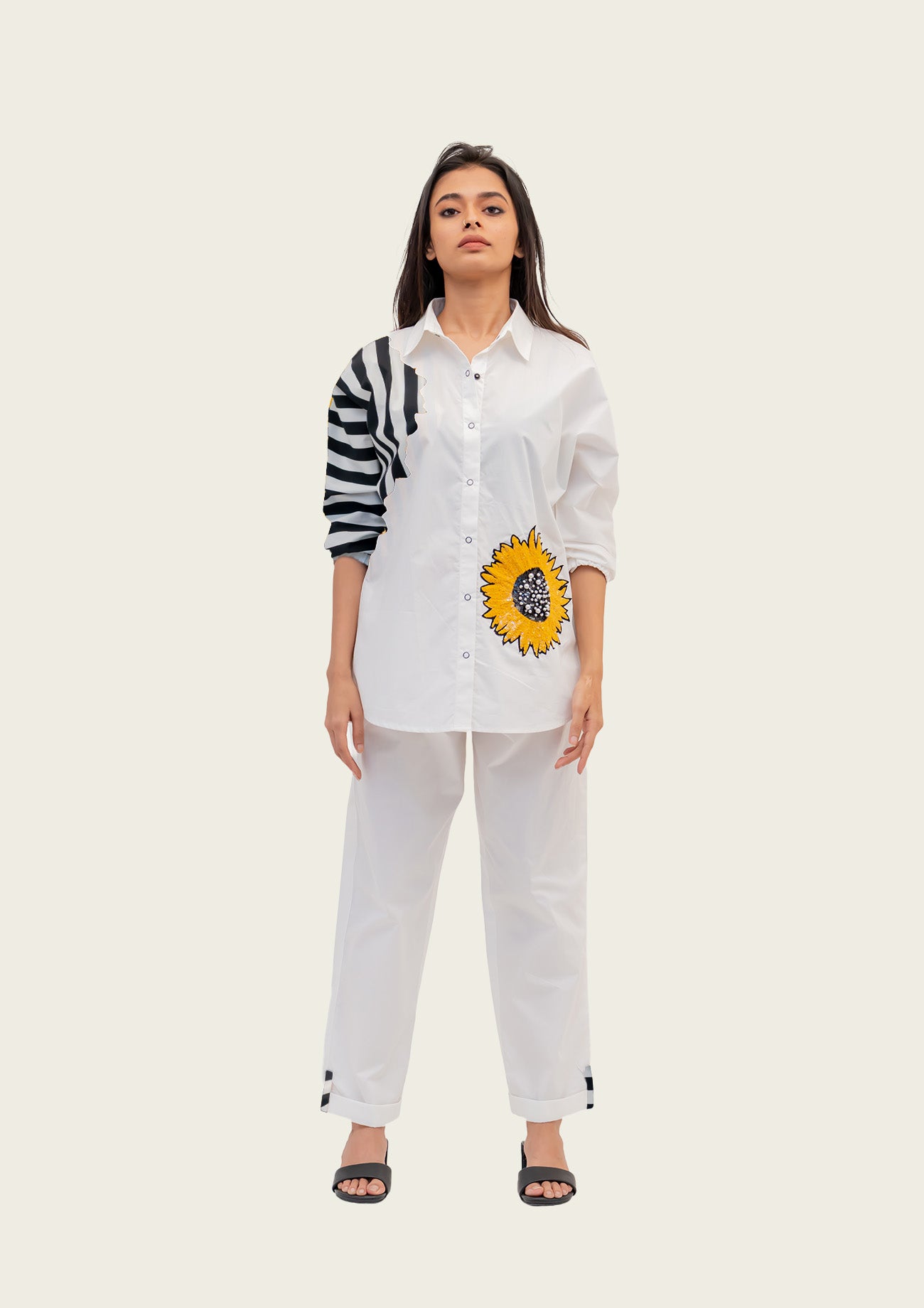 White Cotton Shirt and Pants Co-ord Set with Embroidery