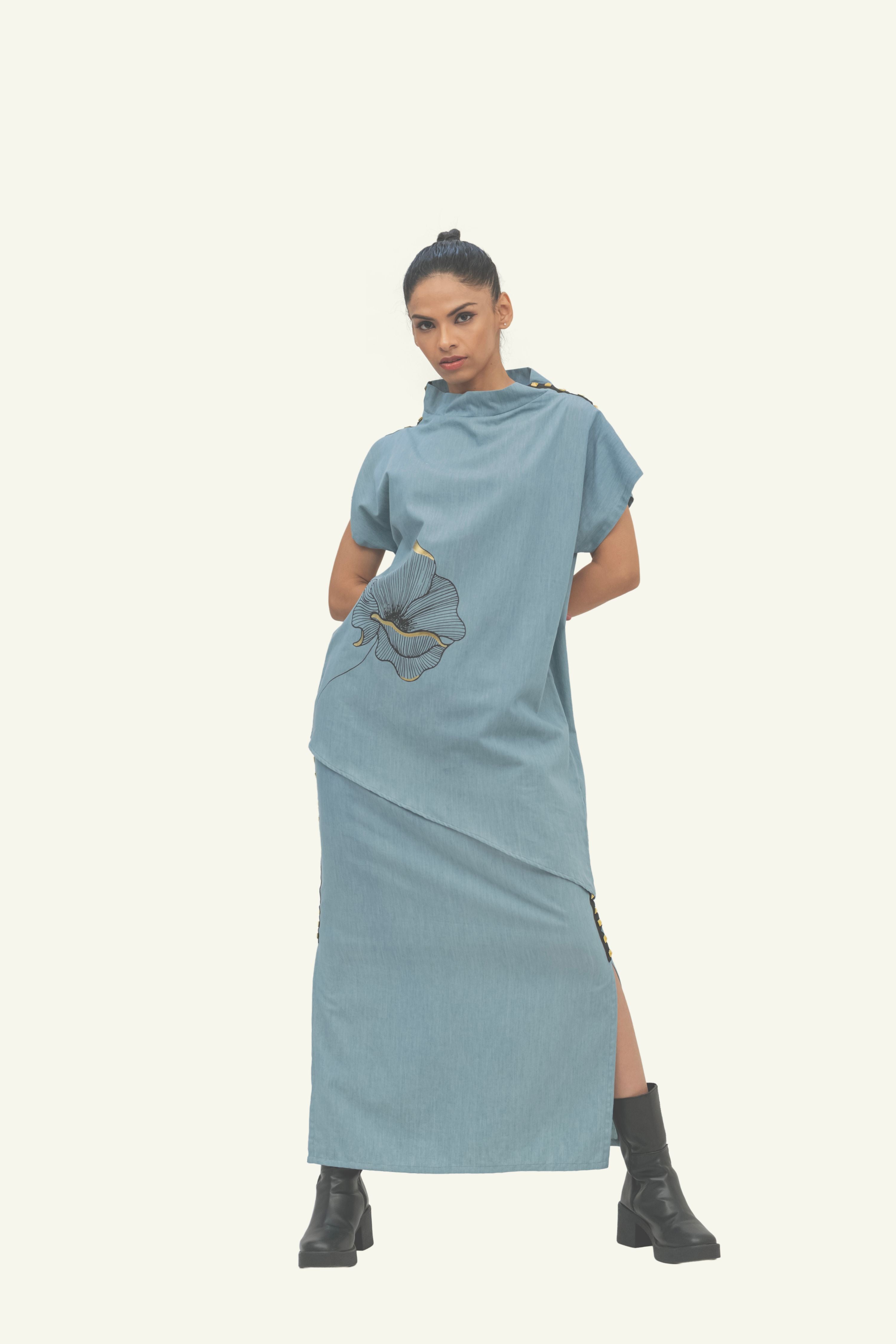 Blue Cotton Denim Top with Skirt Co-ord Set with Print