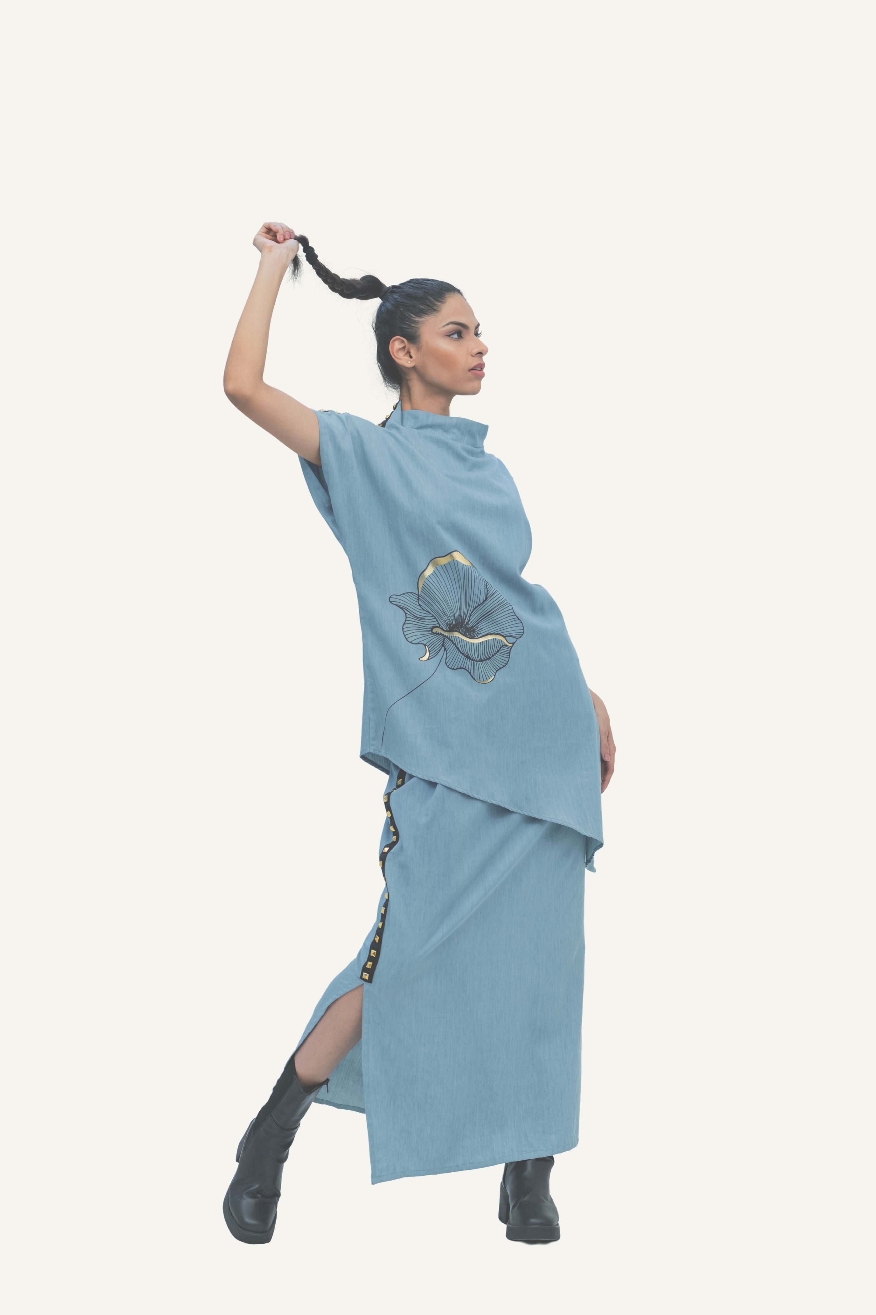 Blue Cotton Denim Top with Skirt Co-ord Set with Print