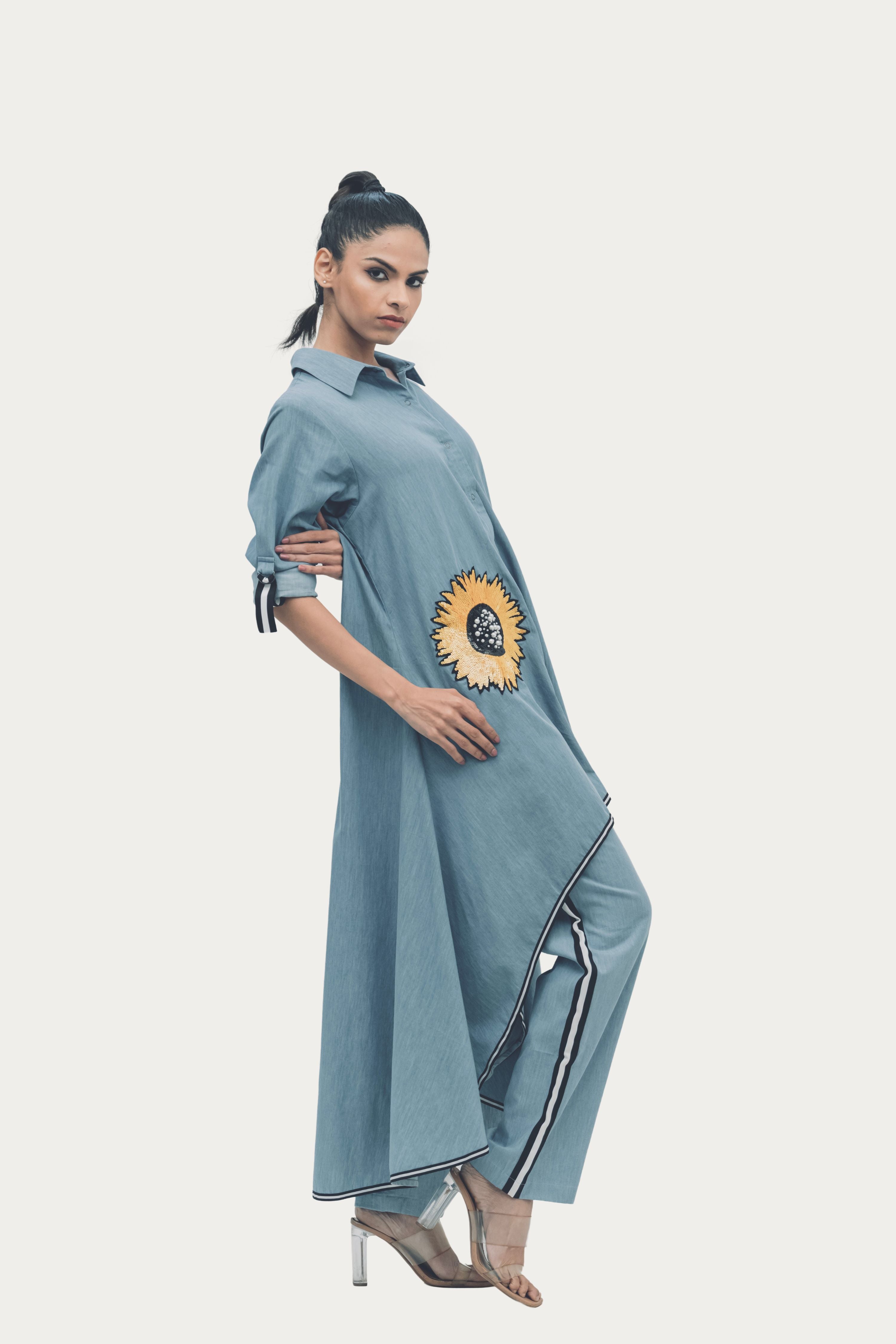 Blue Cotton Denim Tunic and Pants Co-ord Set with Embroidery