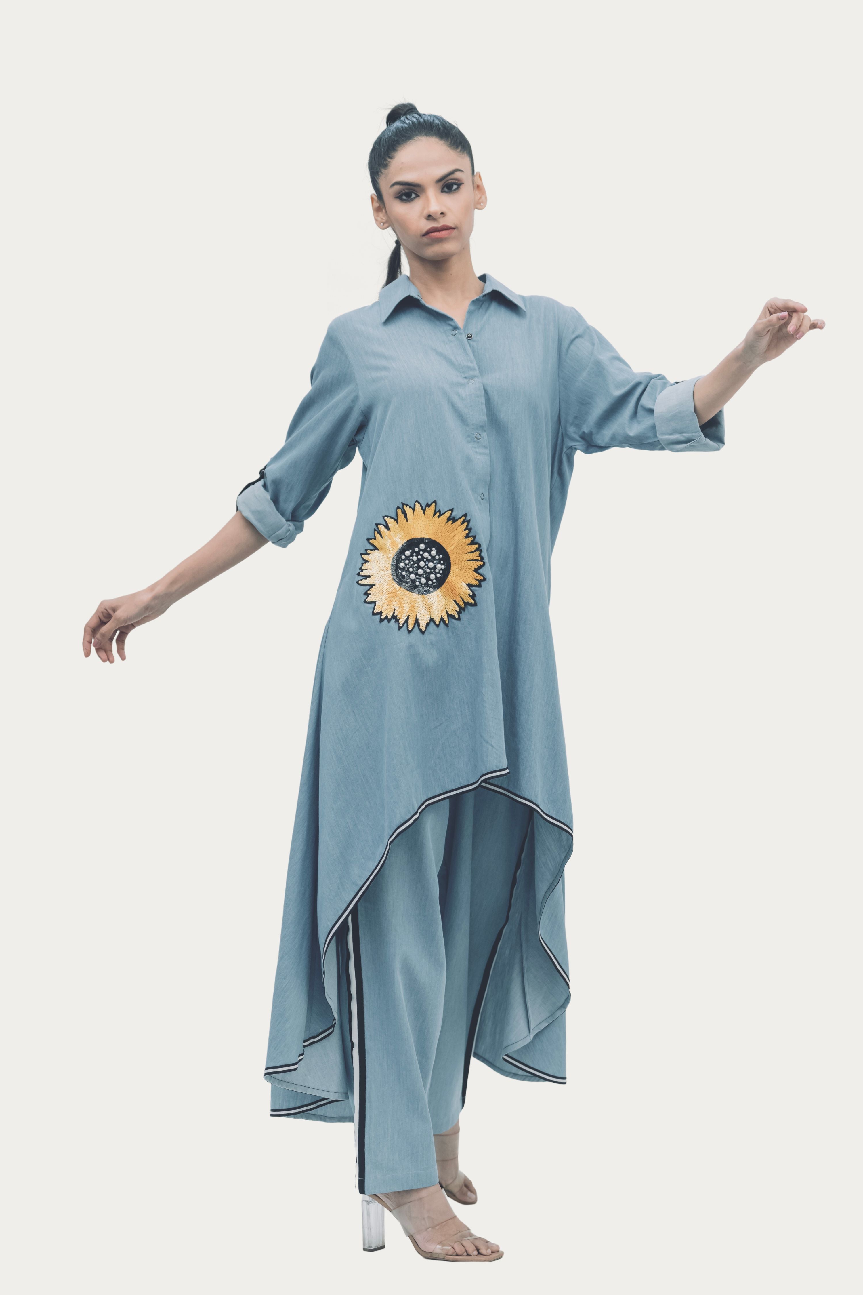 Blue Cotton Denim Tunic and Pants Co-ord Set with Embroidery