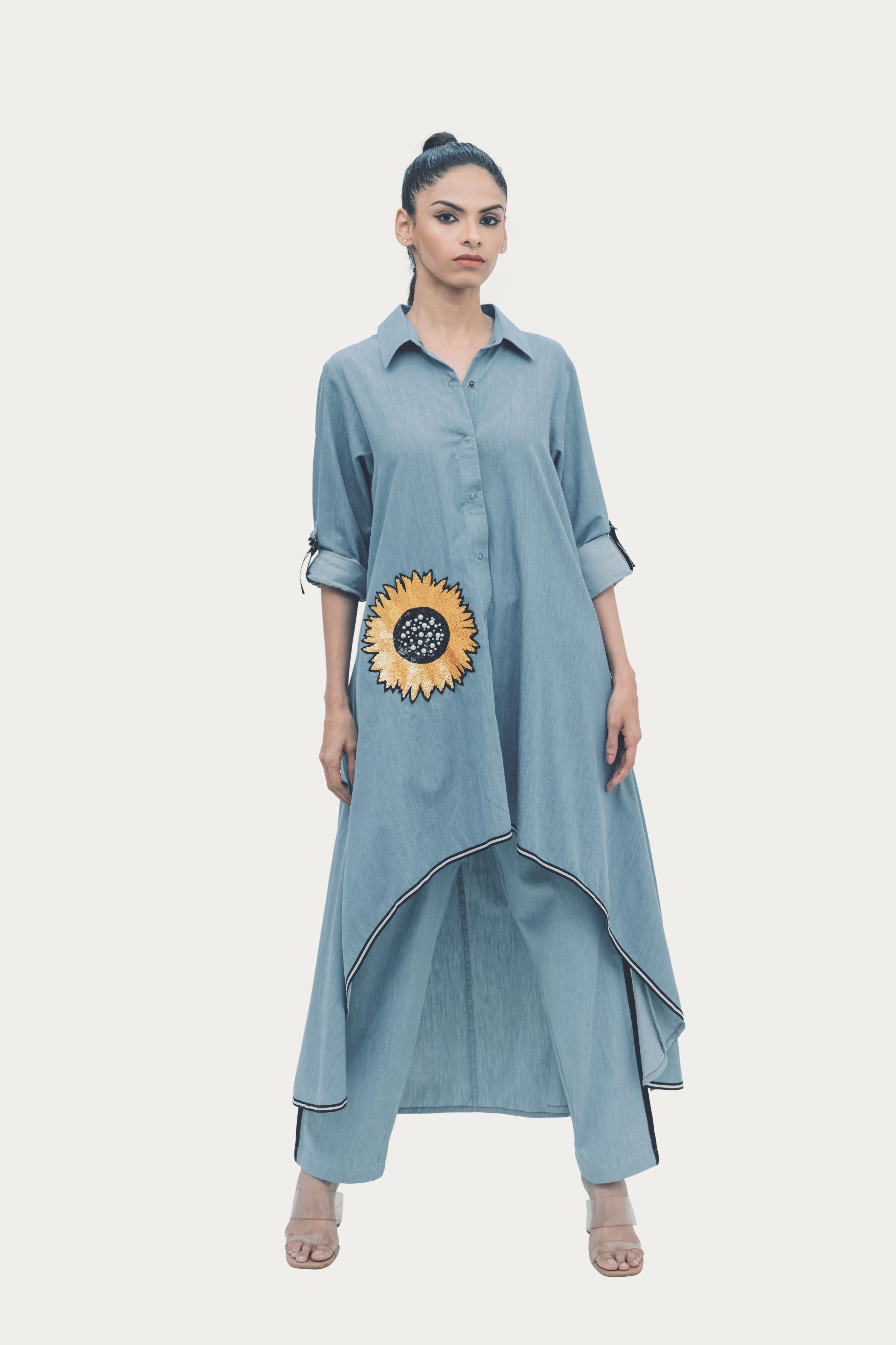 Blue Cotton Denim Tunic and Pants Co-ord Set with Embroidery