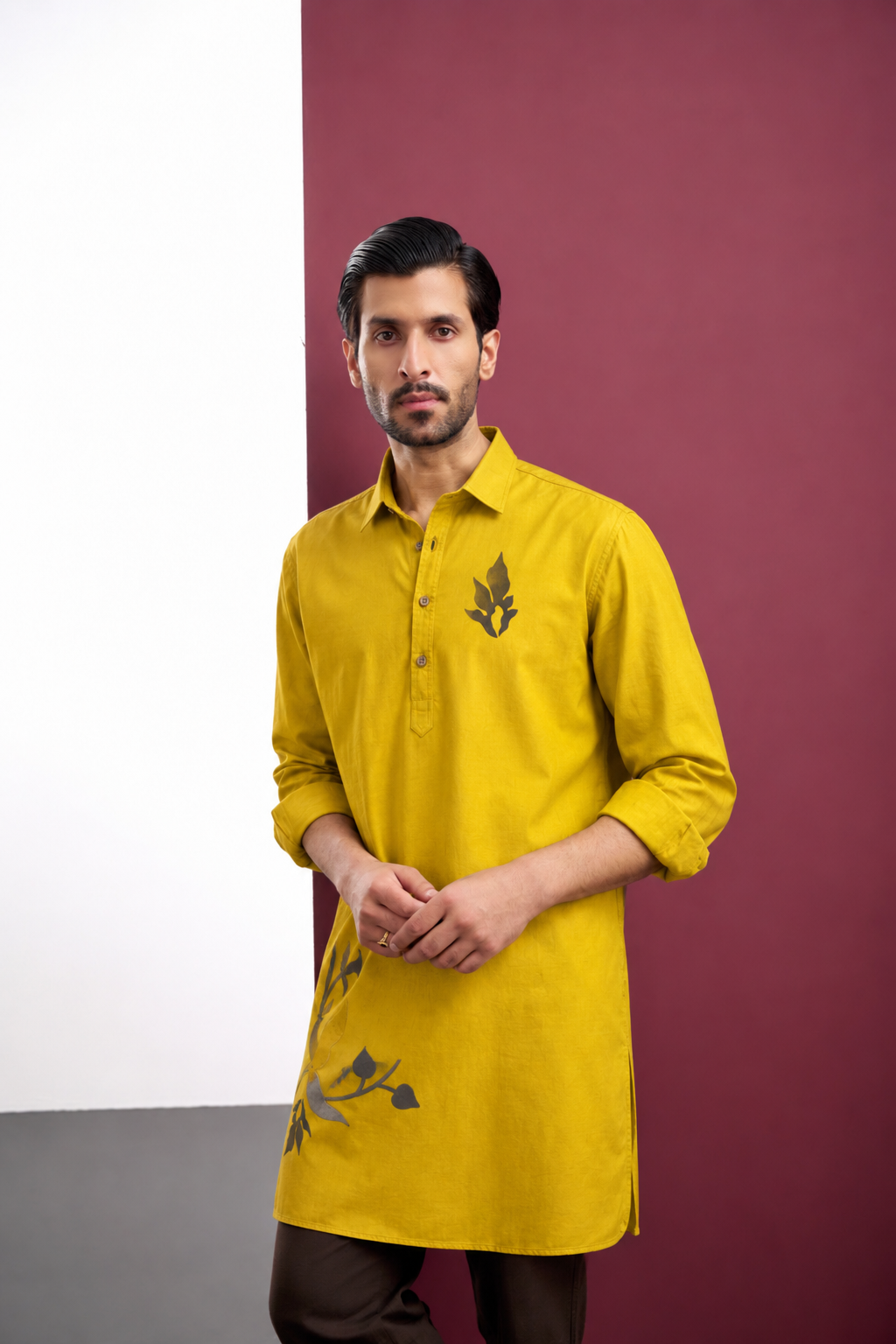 MUSTARD COTTON VELVET APPLIQUE KURTA