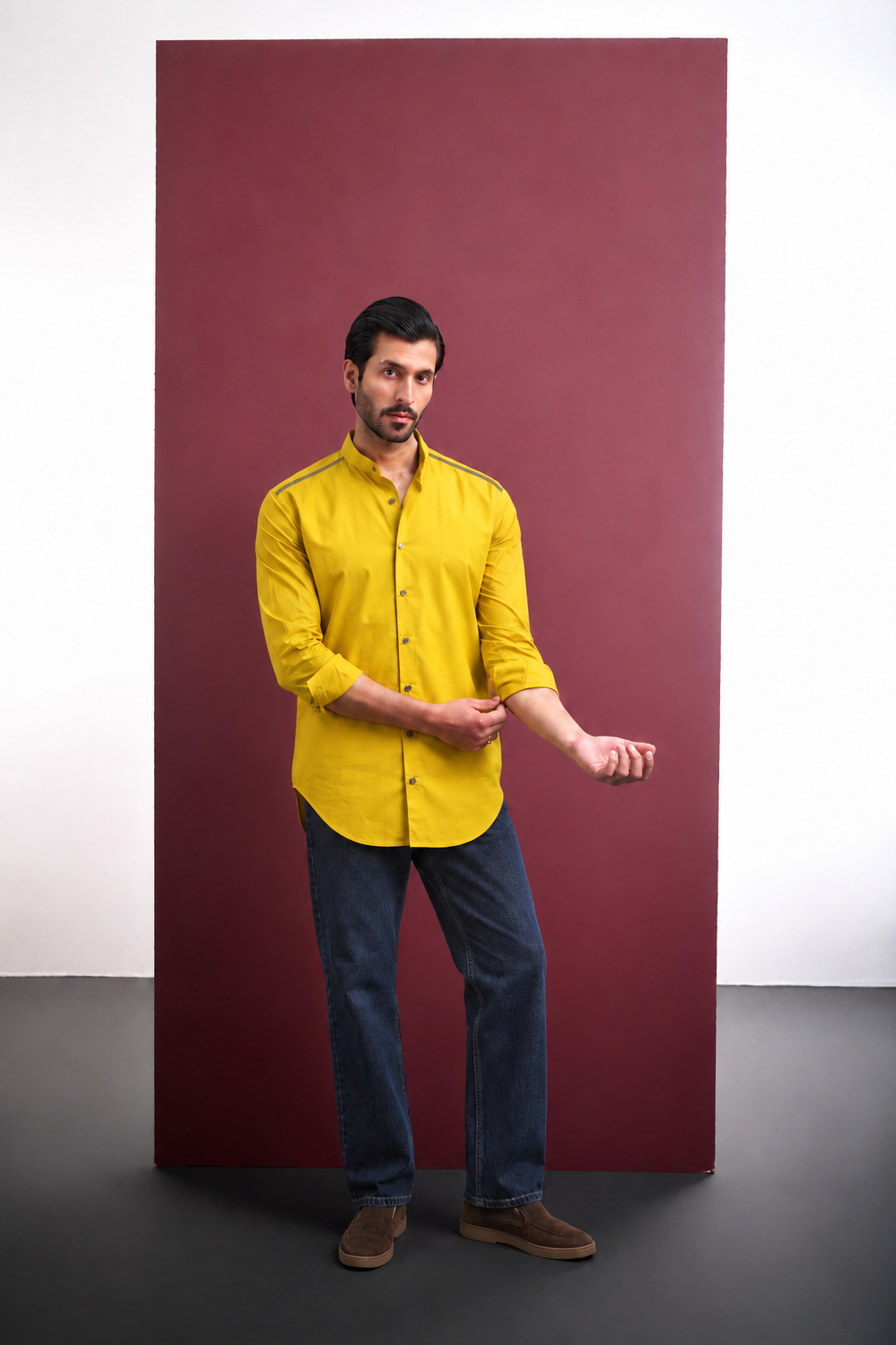MUSTARD COTTON SHIRT WITH TAPE INSERTS