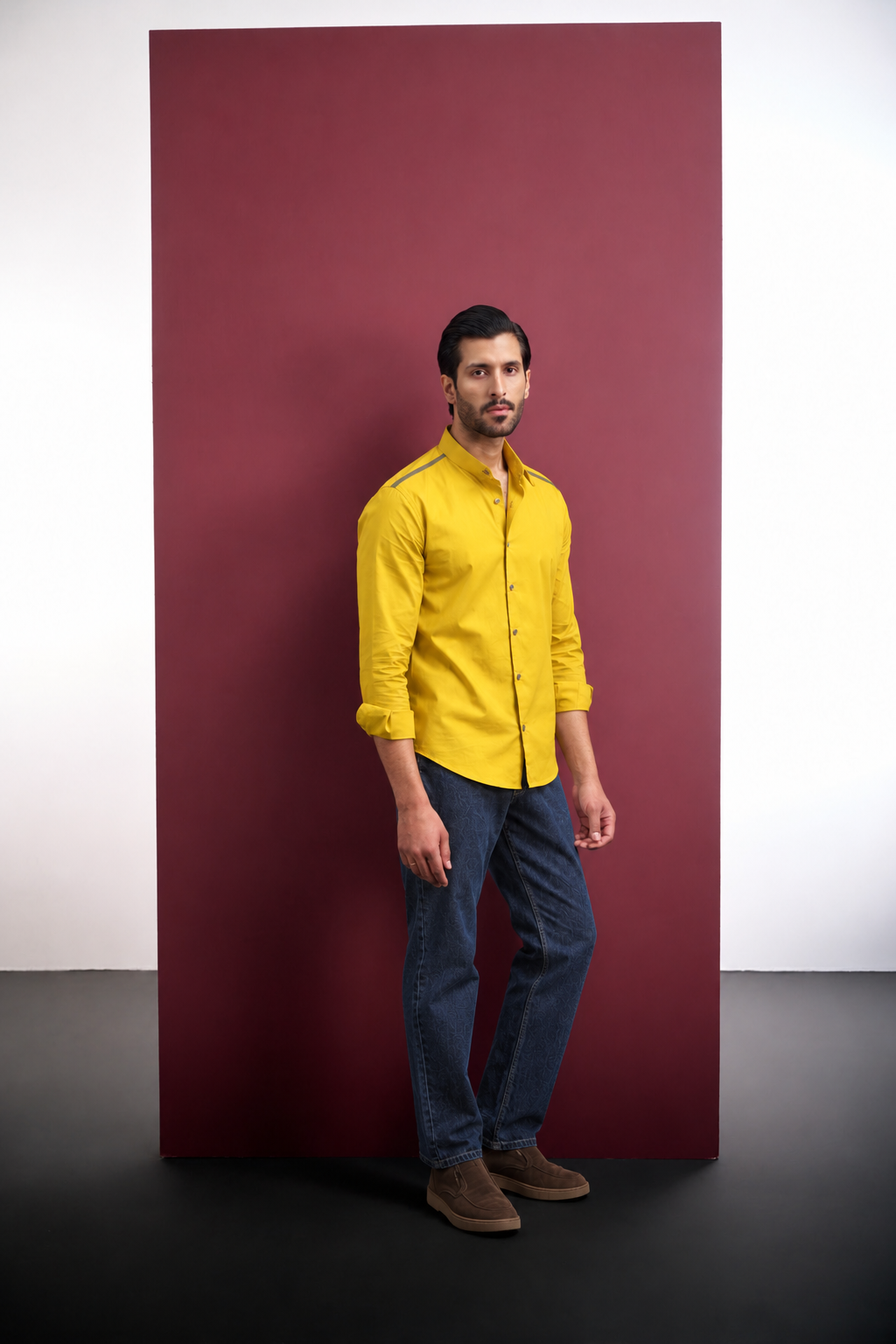 MUSTARD COTTON SHIRT WITH TAPE INSERTS