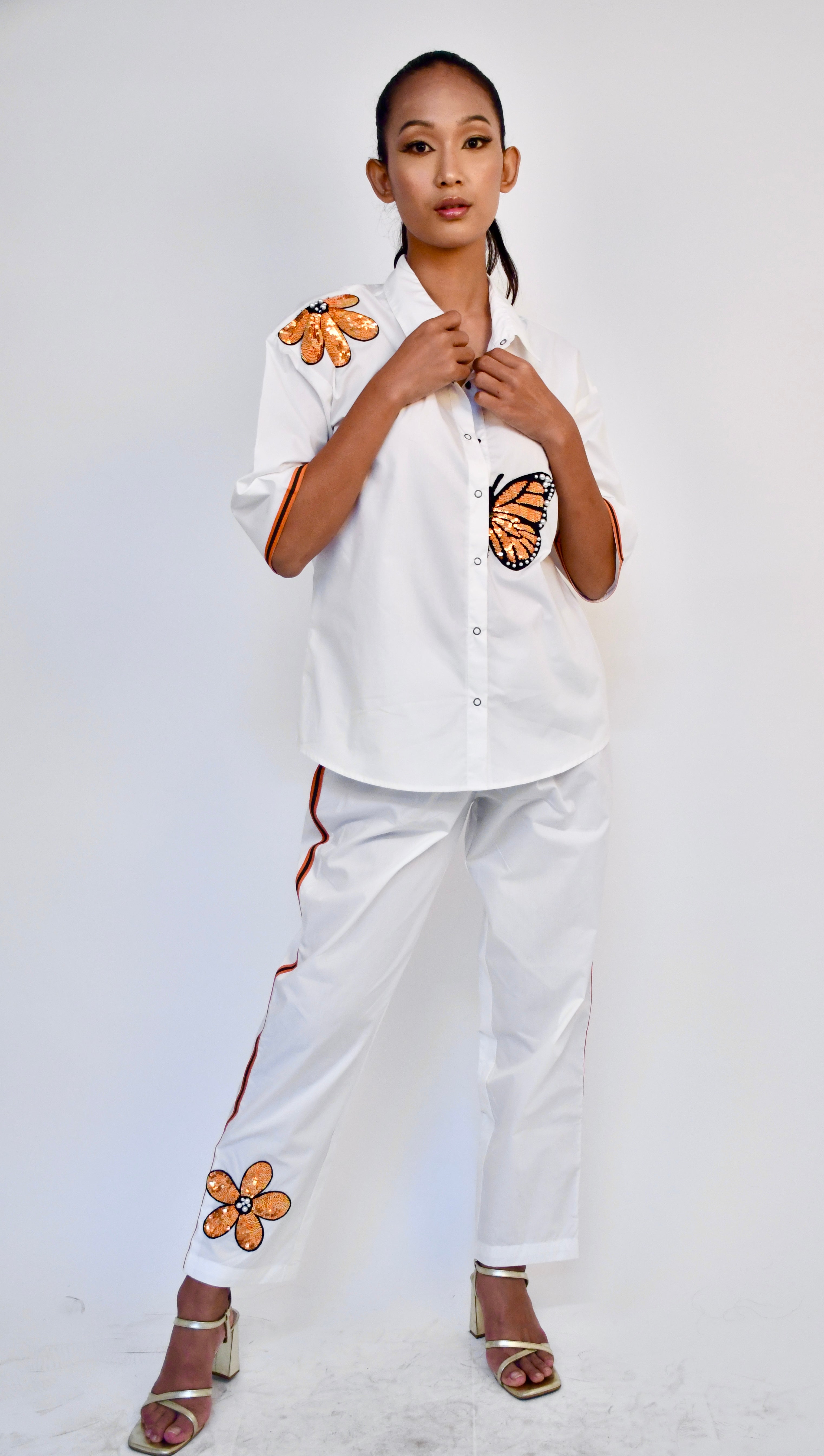 WHITE COTTON SHIRT AND STRAIGHT PANTS WITH ORANGE FLOWER AND BUTTERFLY EMBROIDERY