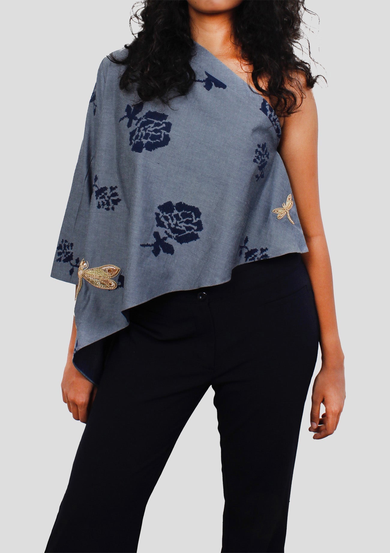 Blue Embroidered Denim One Shouldered Top