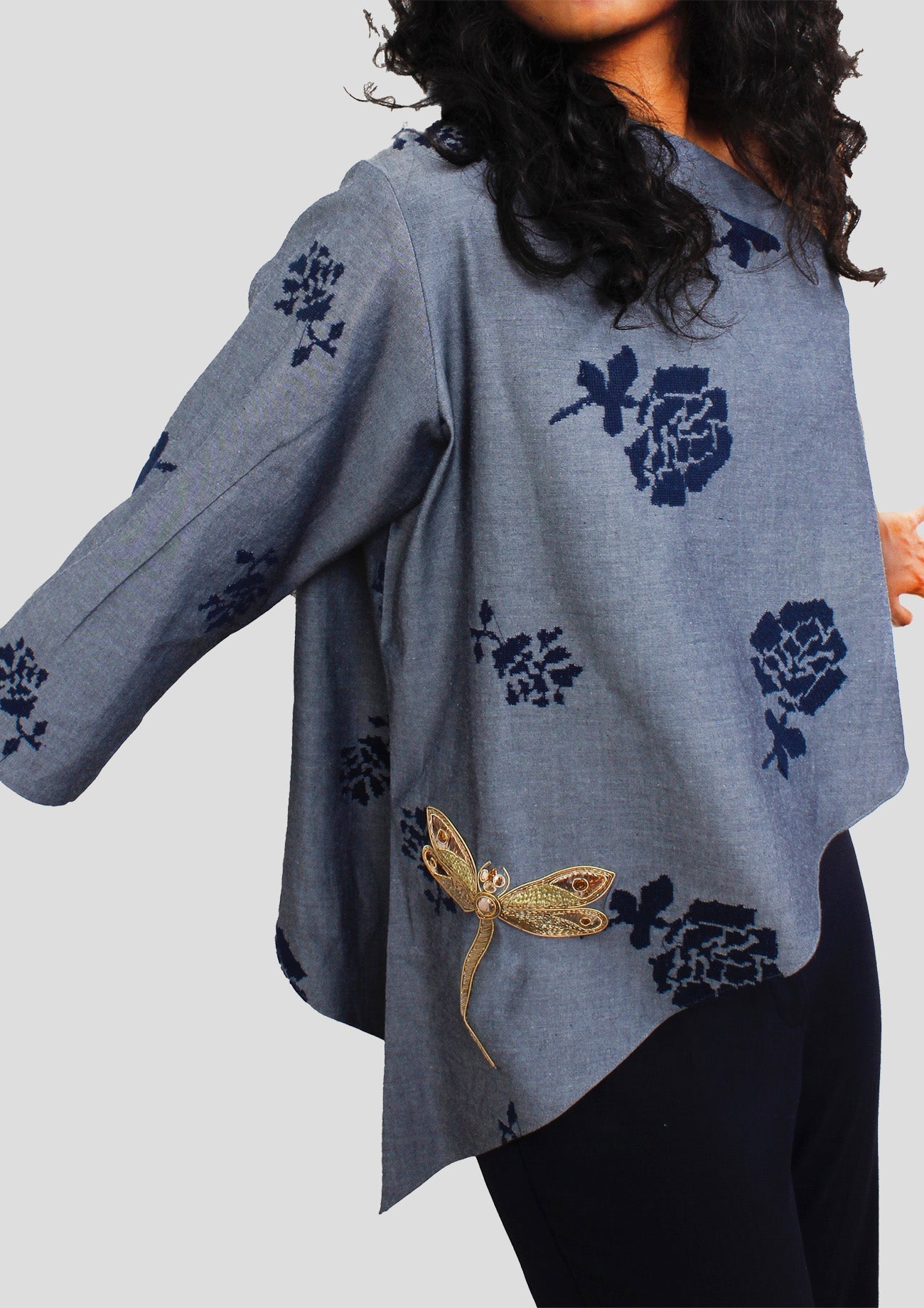 Blue Embroidered Denim One Shouldered Top