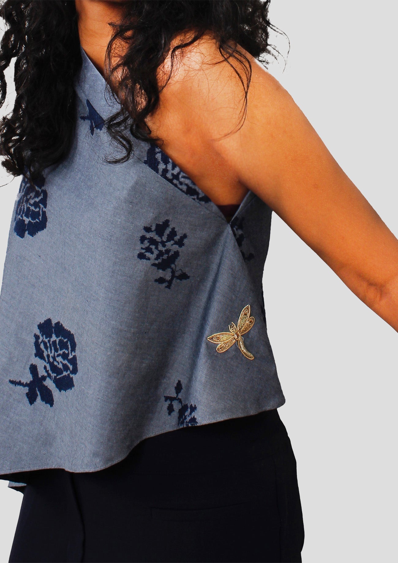 Blue Embroidered Denim One Shouldered Top