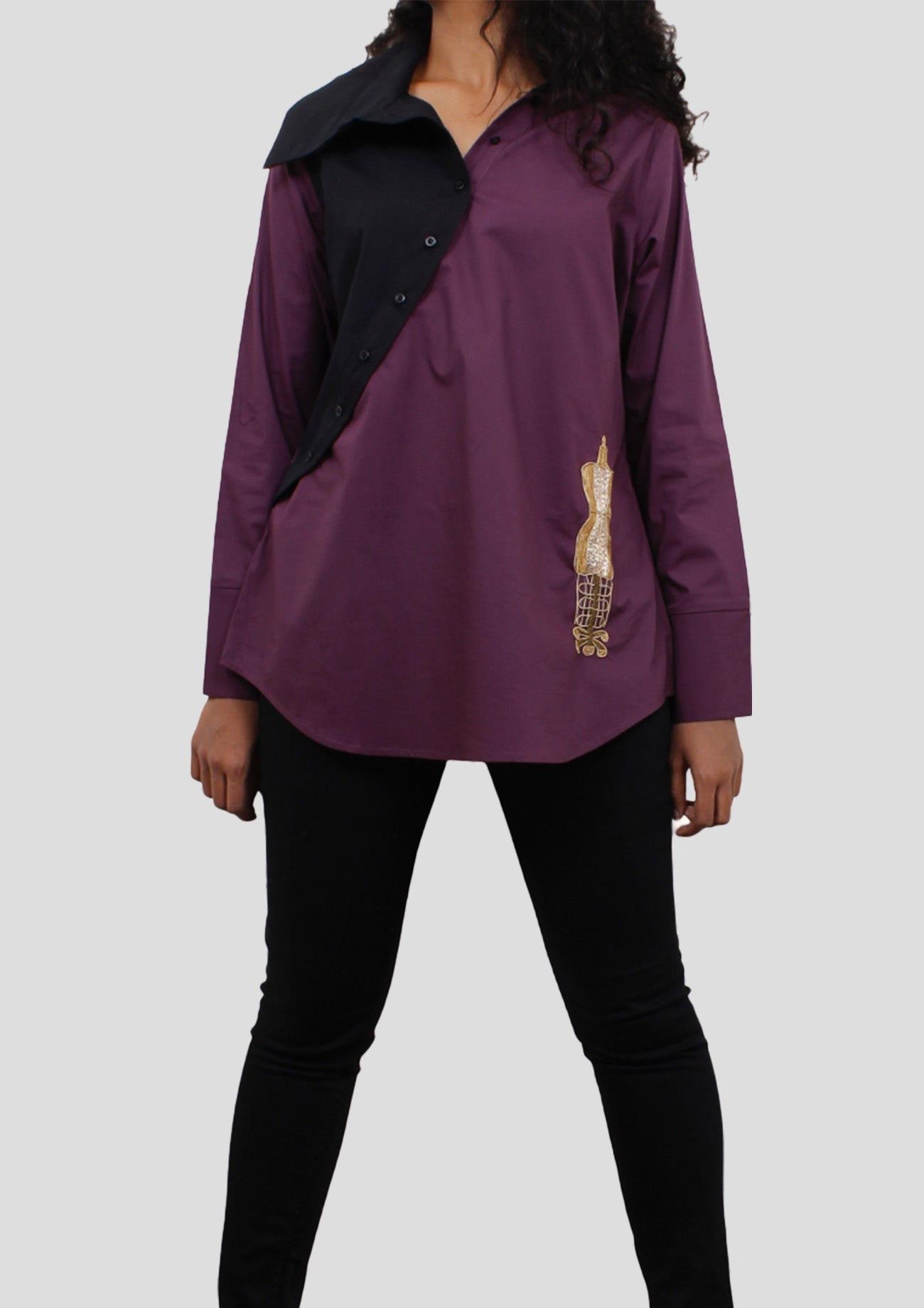 Black & Purple Comfort Fit Cotton Shirt with Embroidery