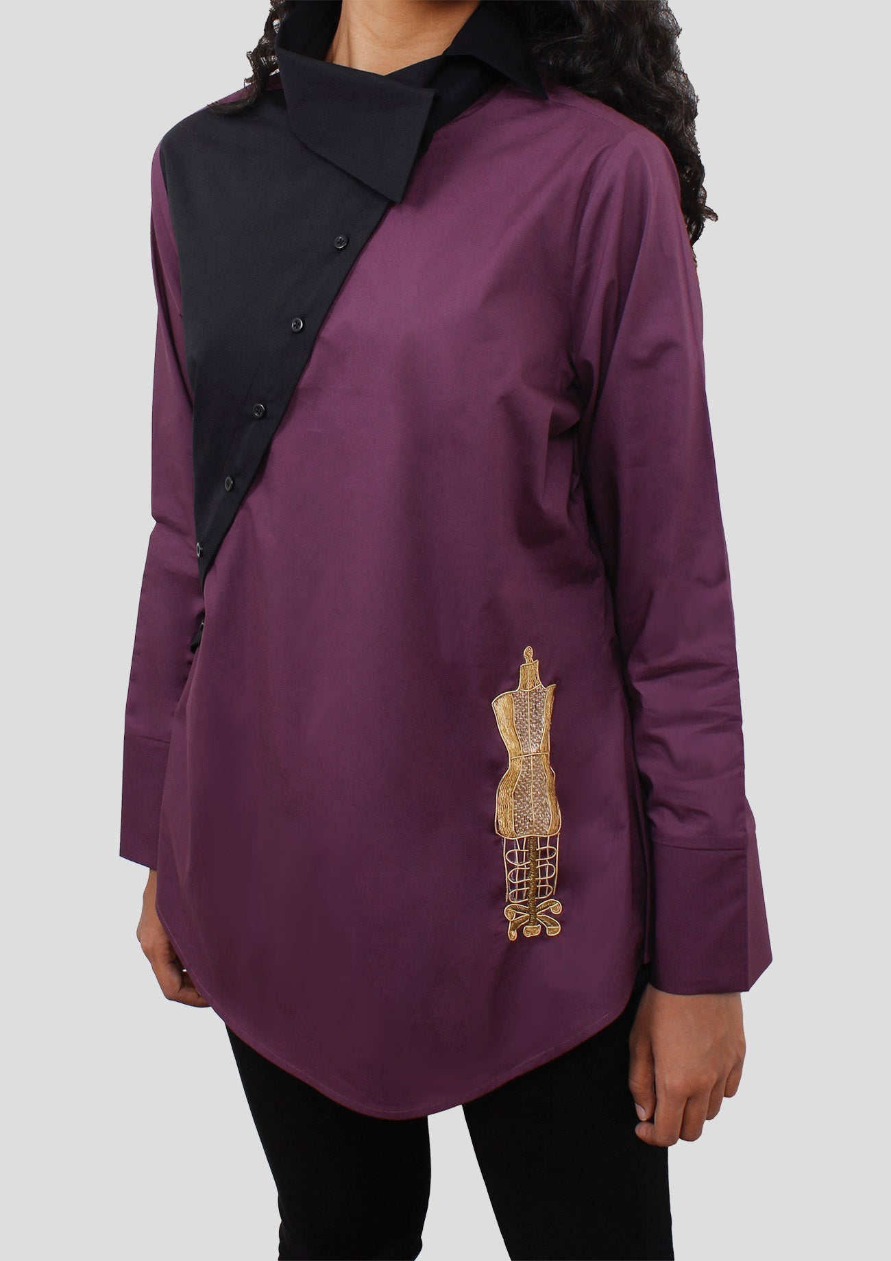 Black & Purple Comfort Fit Cotton Shirt with Embroidery