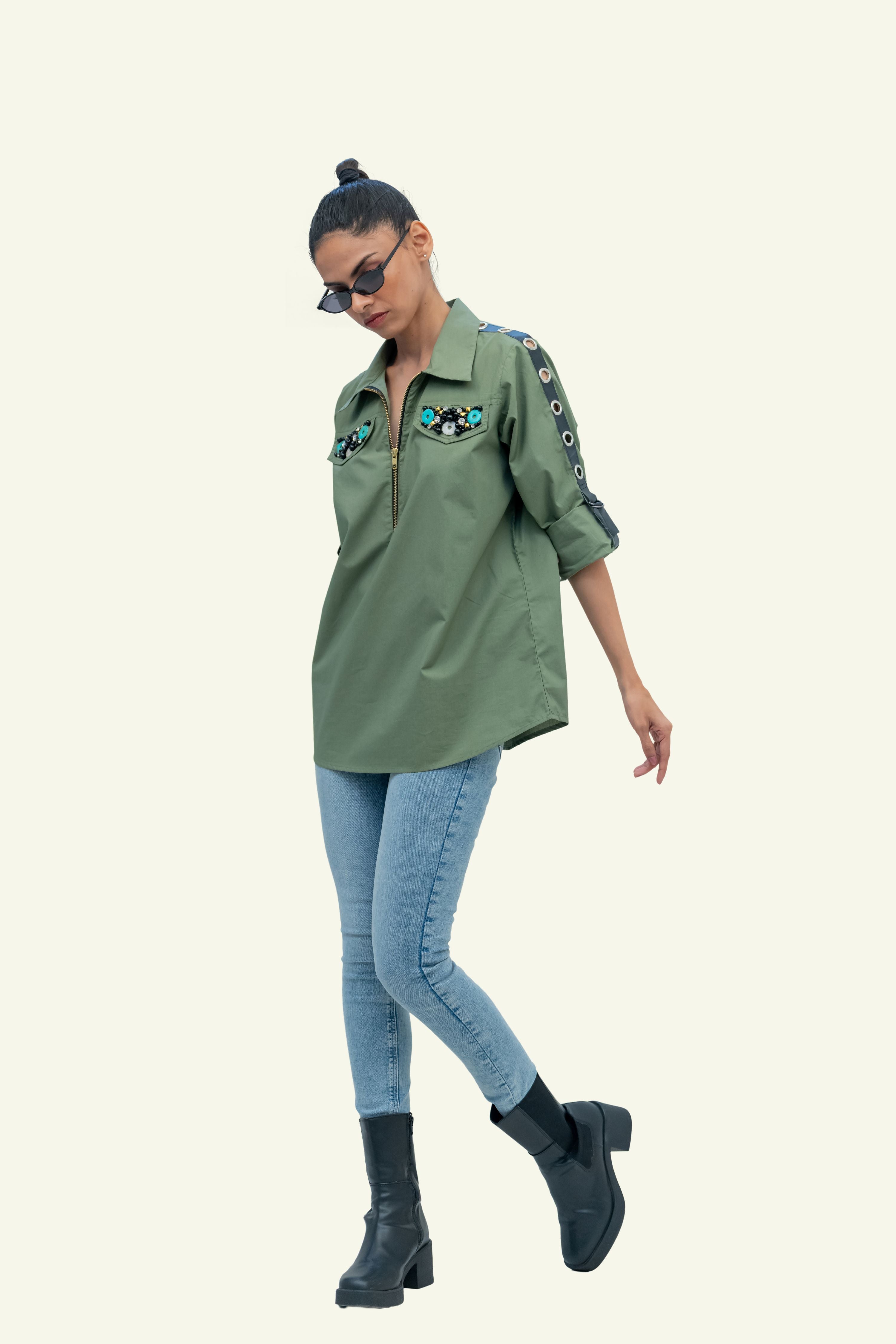 Olive Cotton Shirt with Embroidery on Pockets