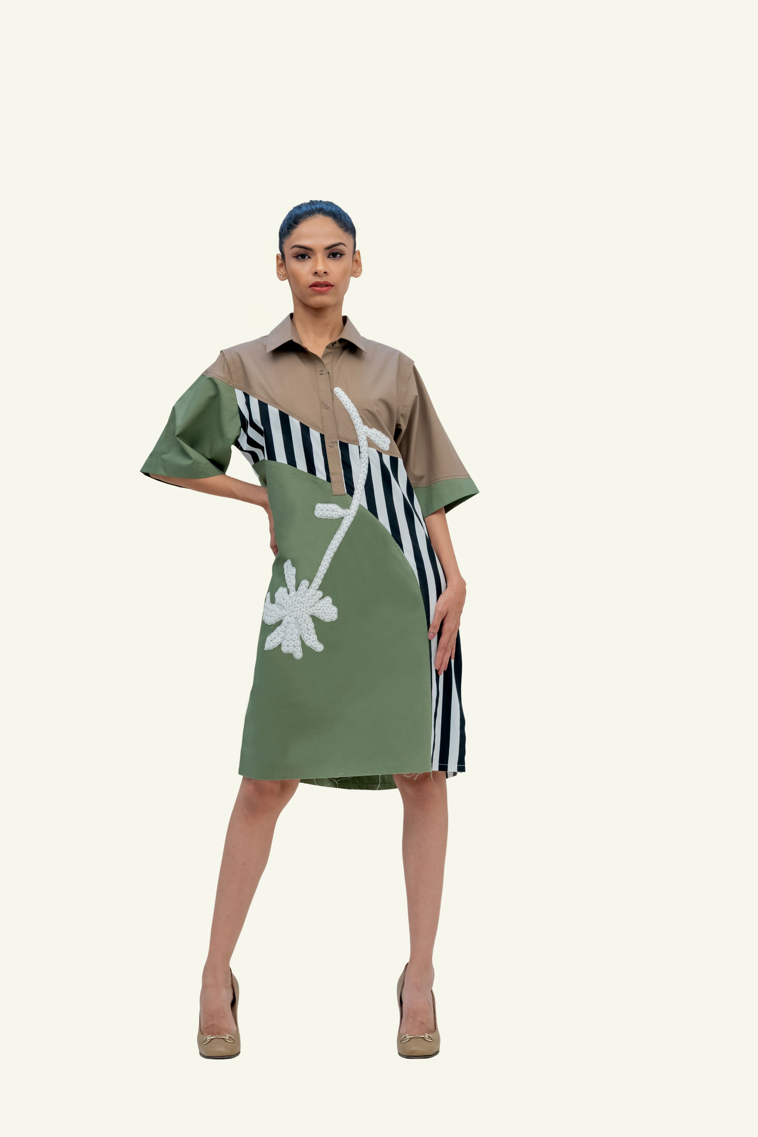 Olive Combo Cotton Dress with Embroidery