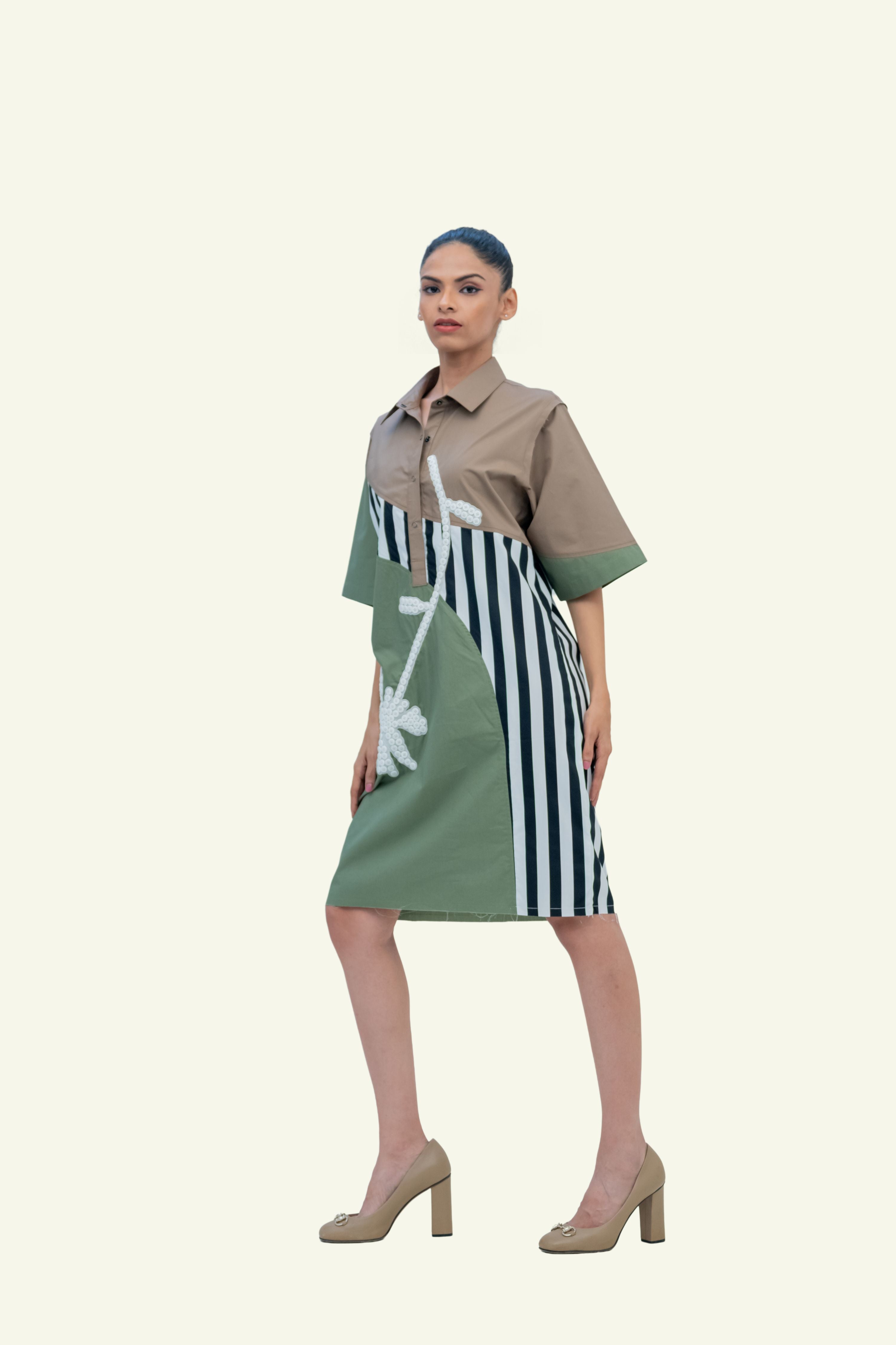 Olive Combo Cotton Dress with Embroidery