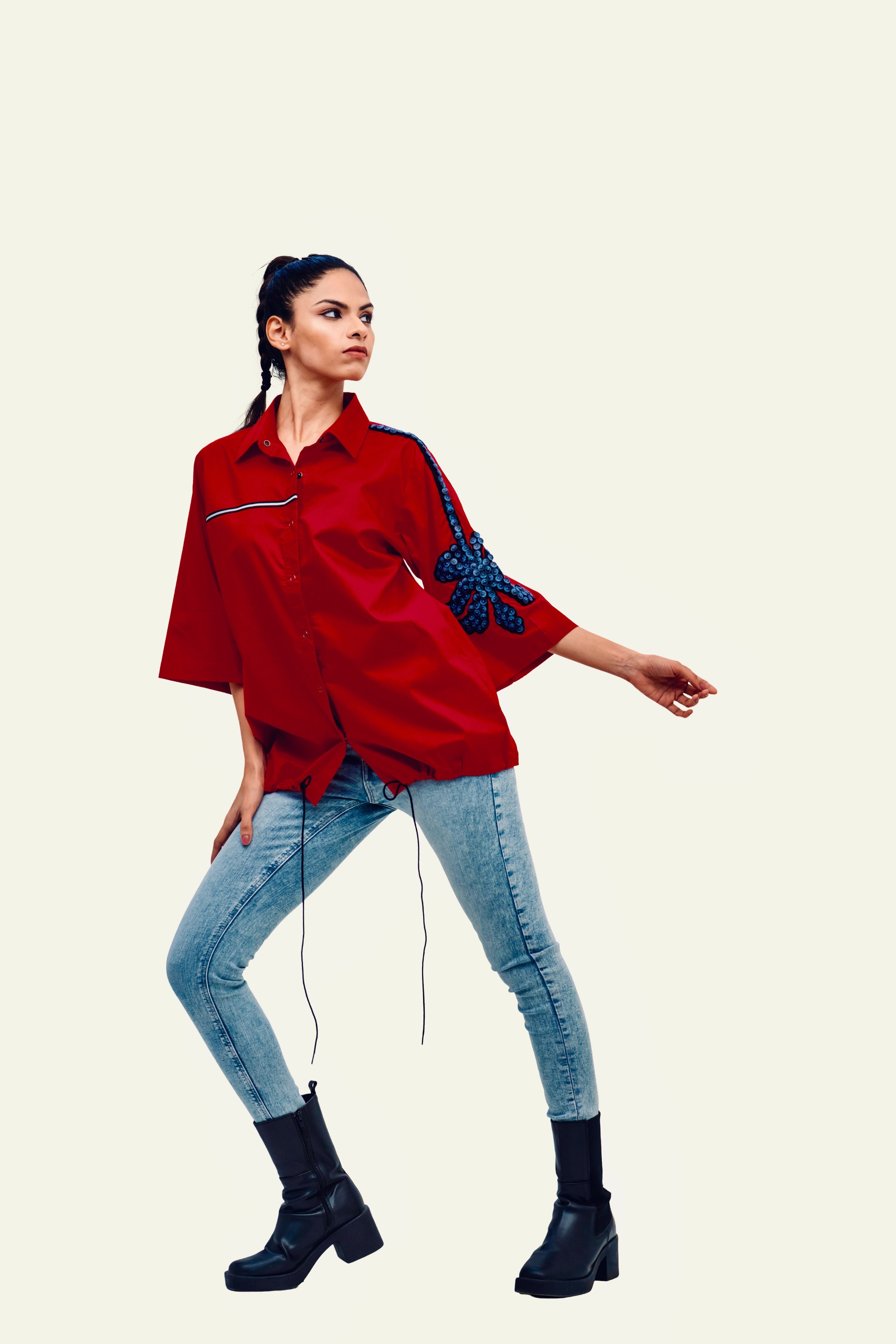 Red Cotton Shirt with Embroidery