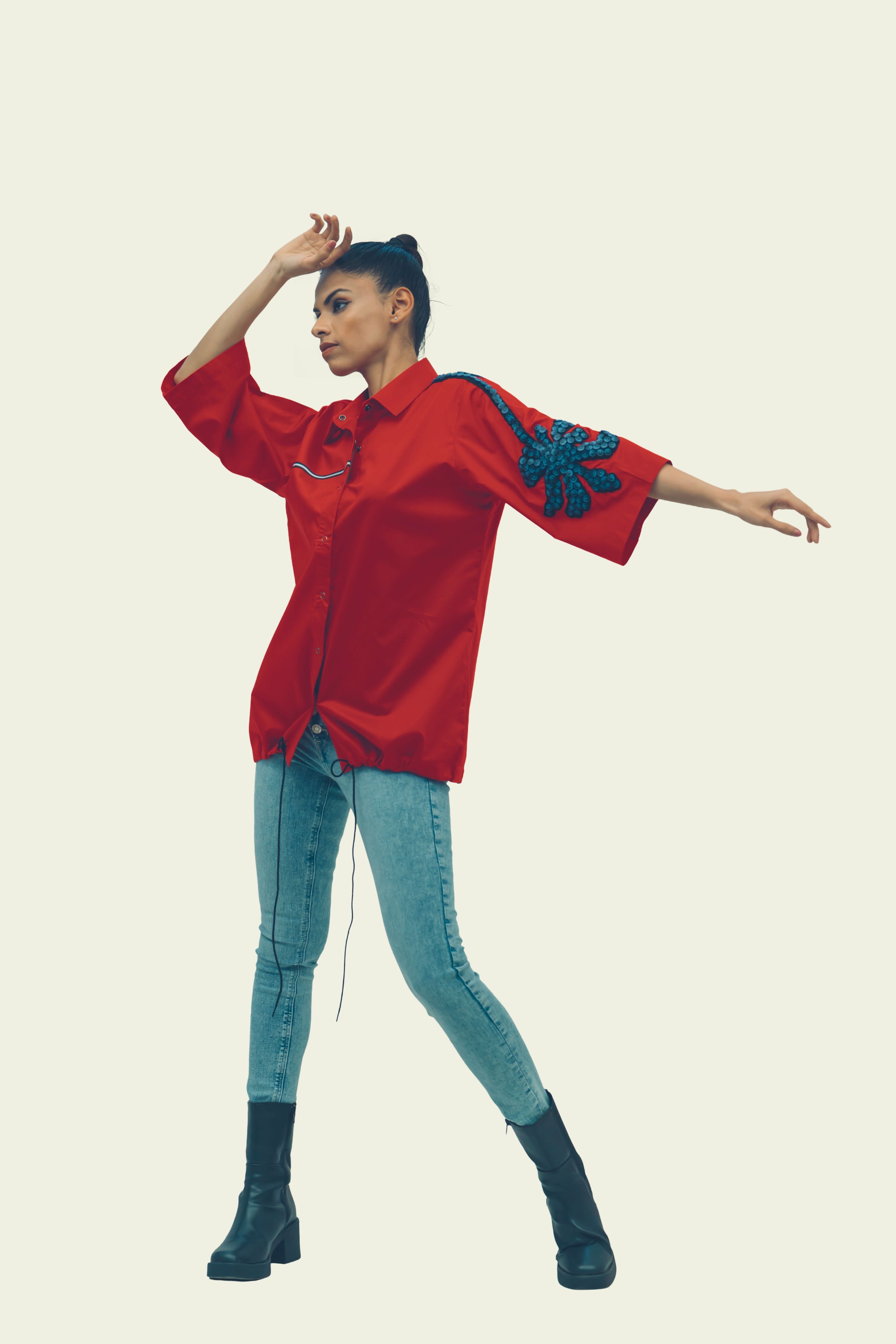 Red Cotton Shirt with Embroidery