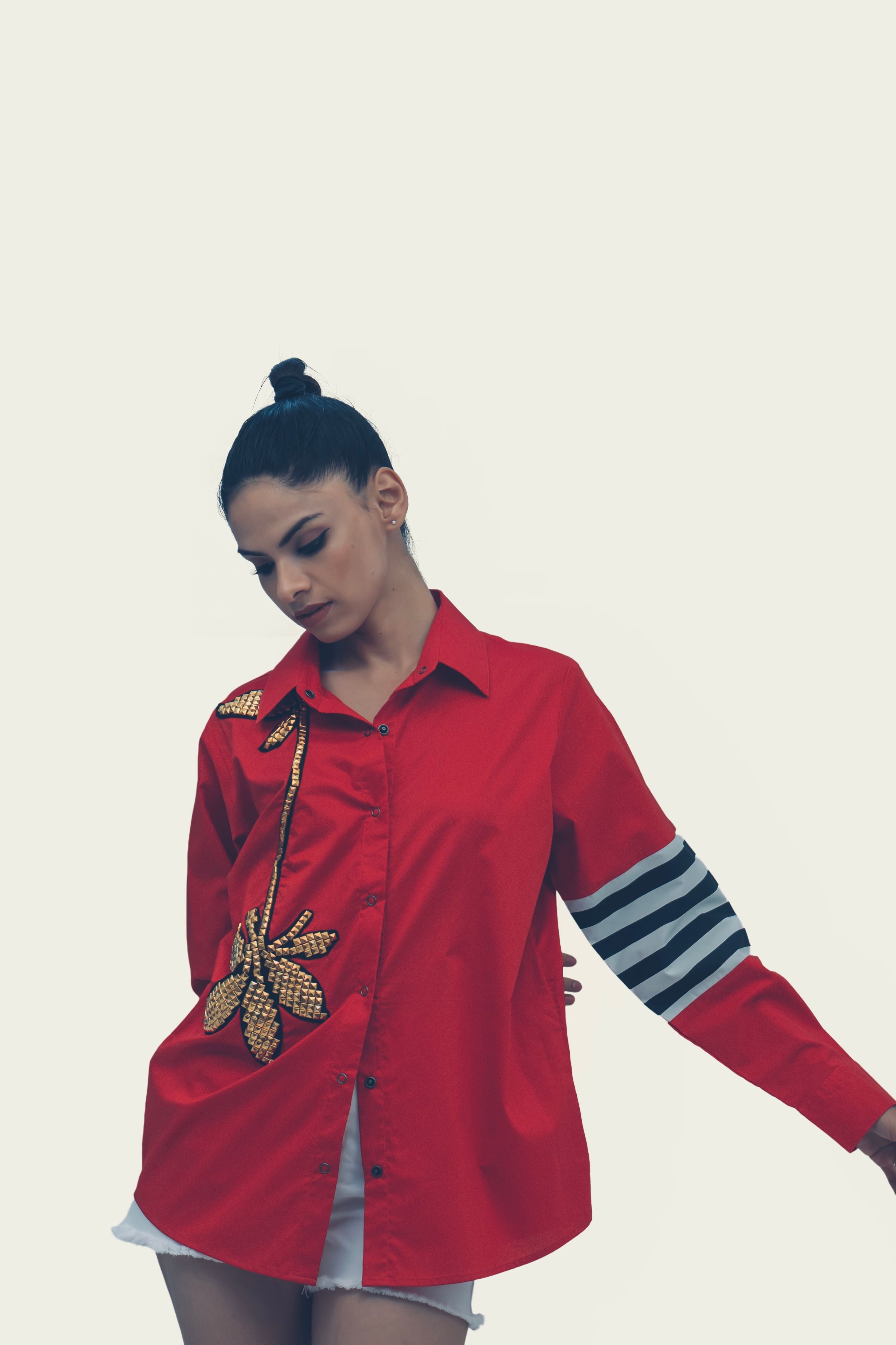 Red Cotton Shirt with Embroidery