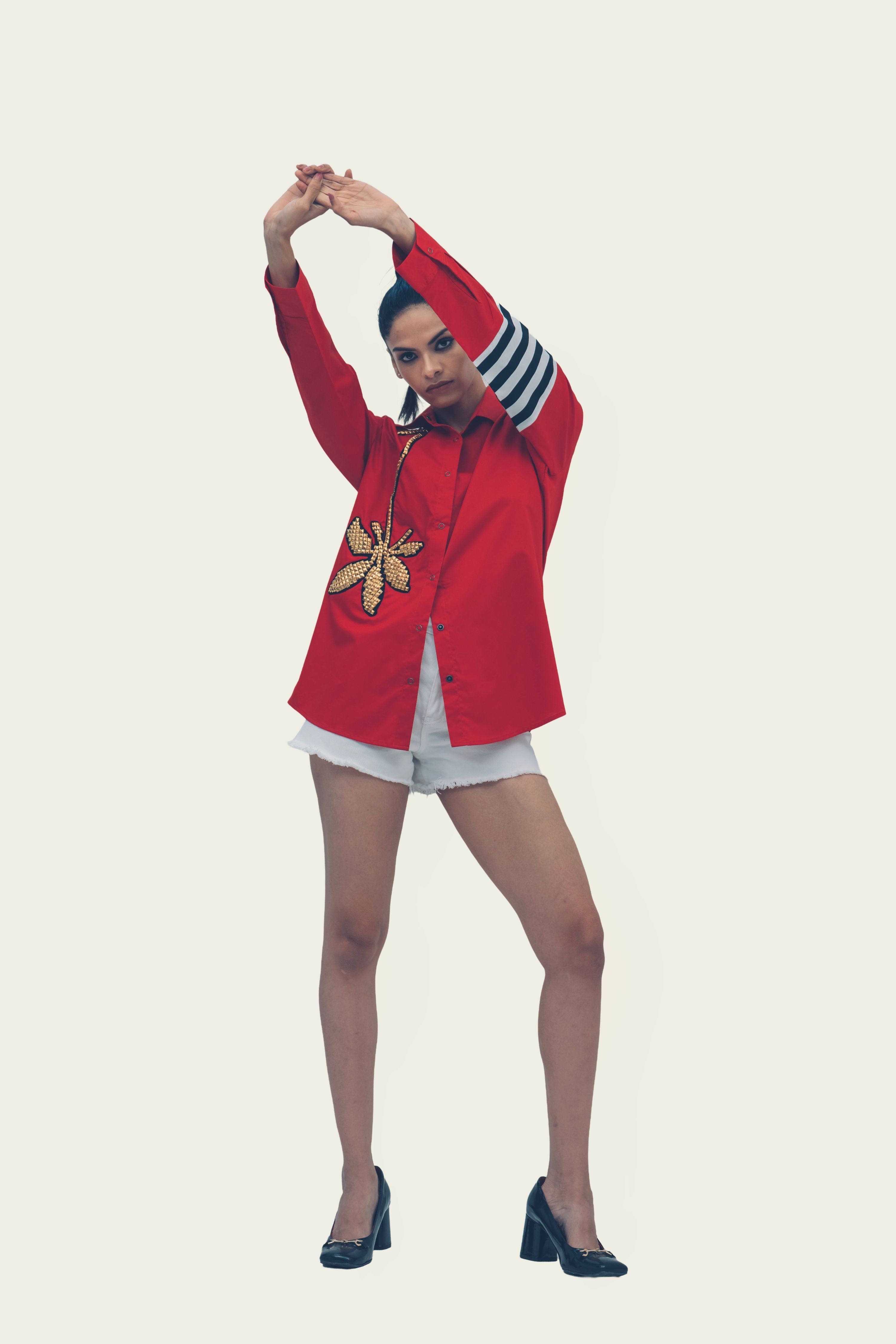 Red Cotton Shirt with Embroidery