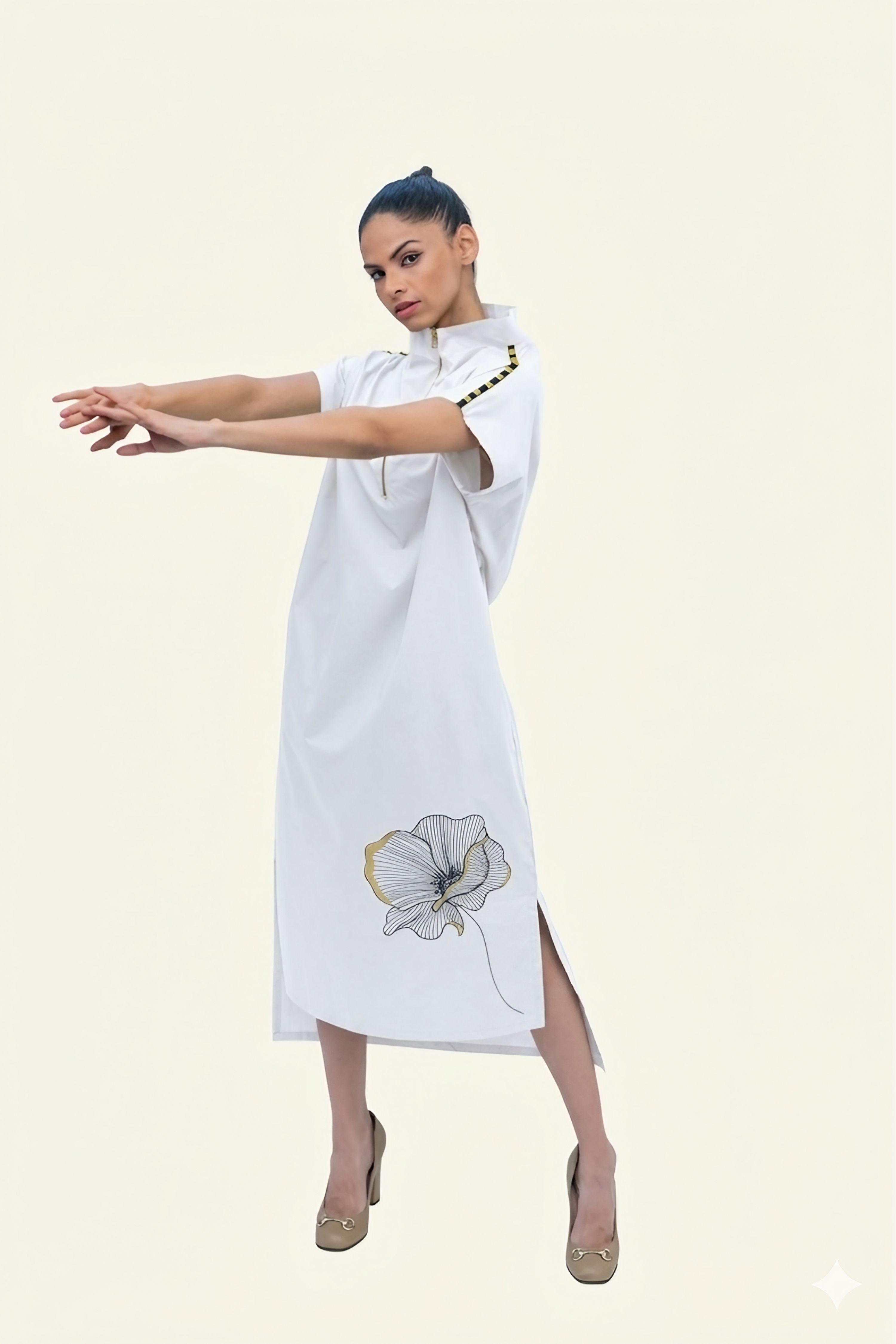 White Cotton Midi Dress with Print