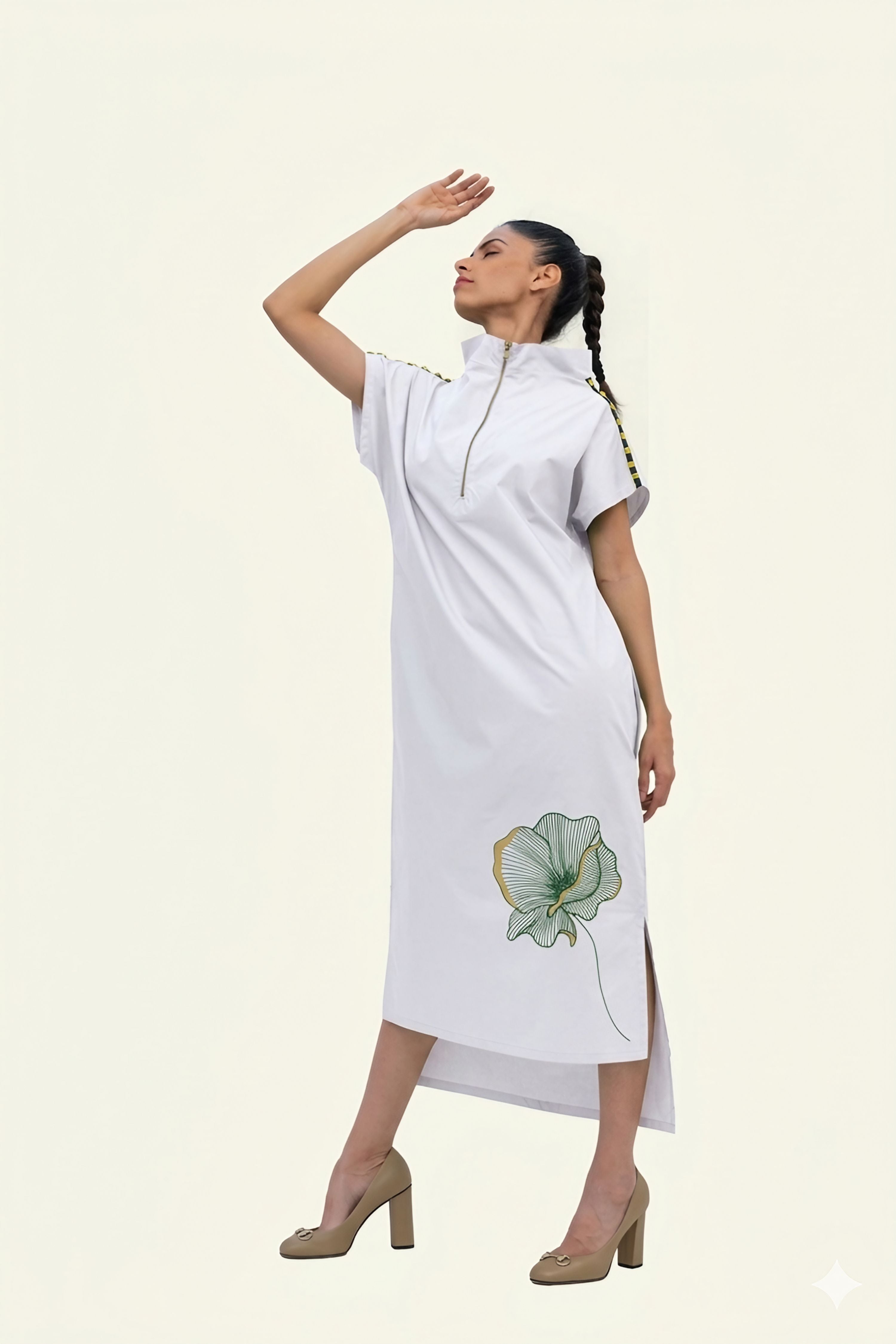 White Cotton Midi Dress with Print