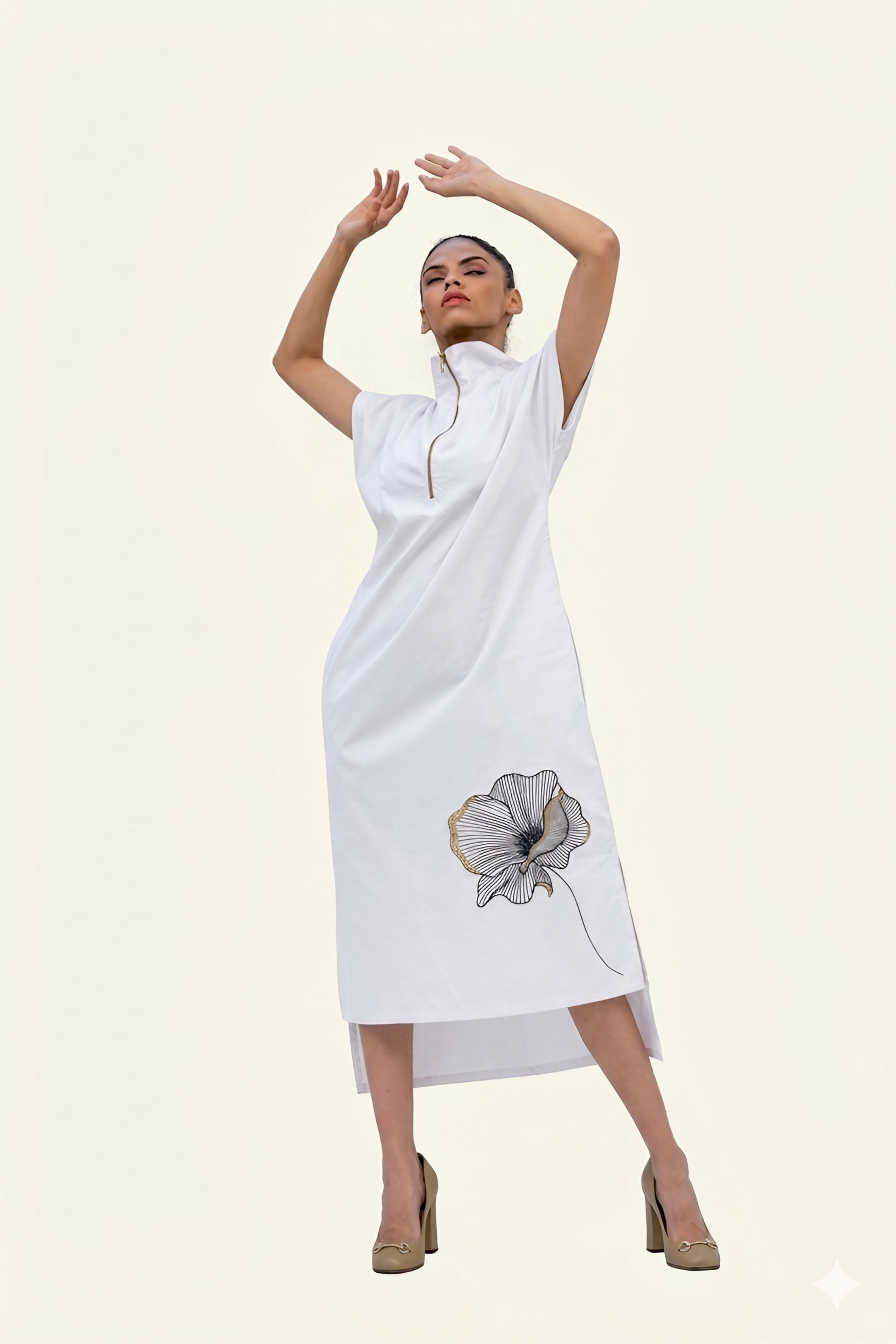 White Cotton Midi Dress with Print