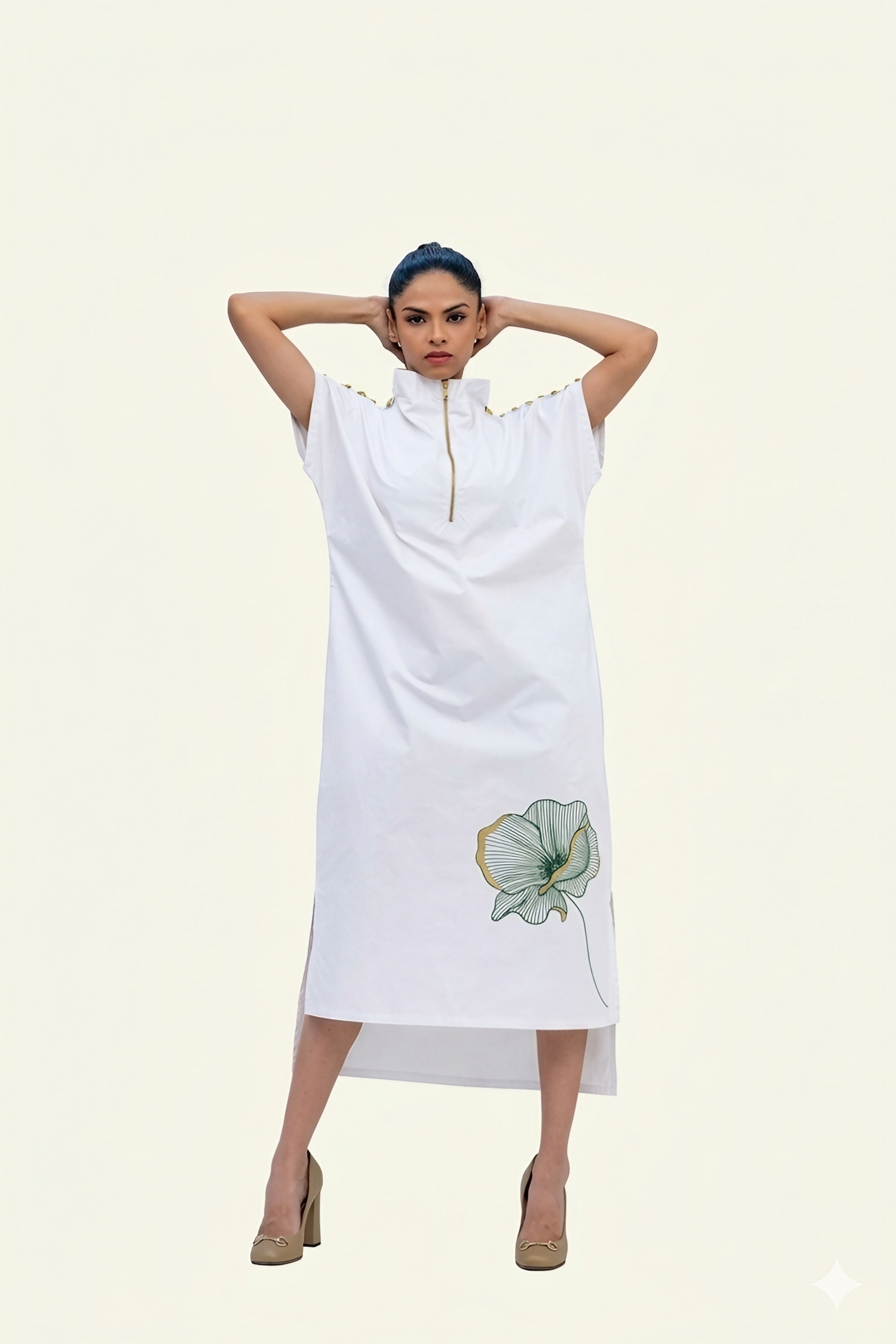 White Cotton Midi Dress with Print