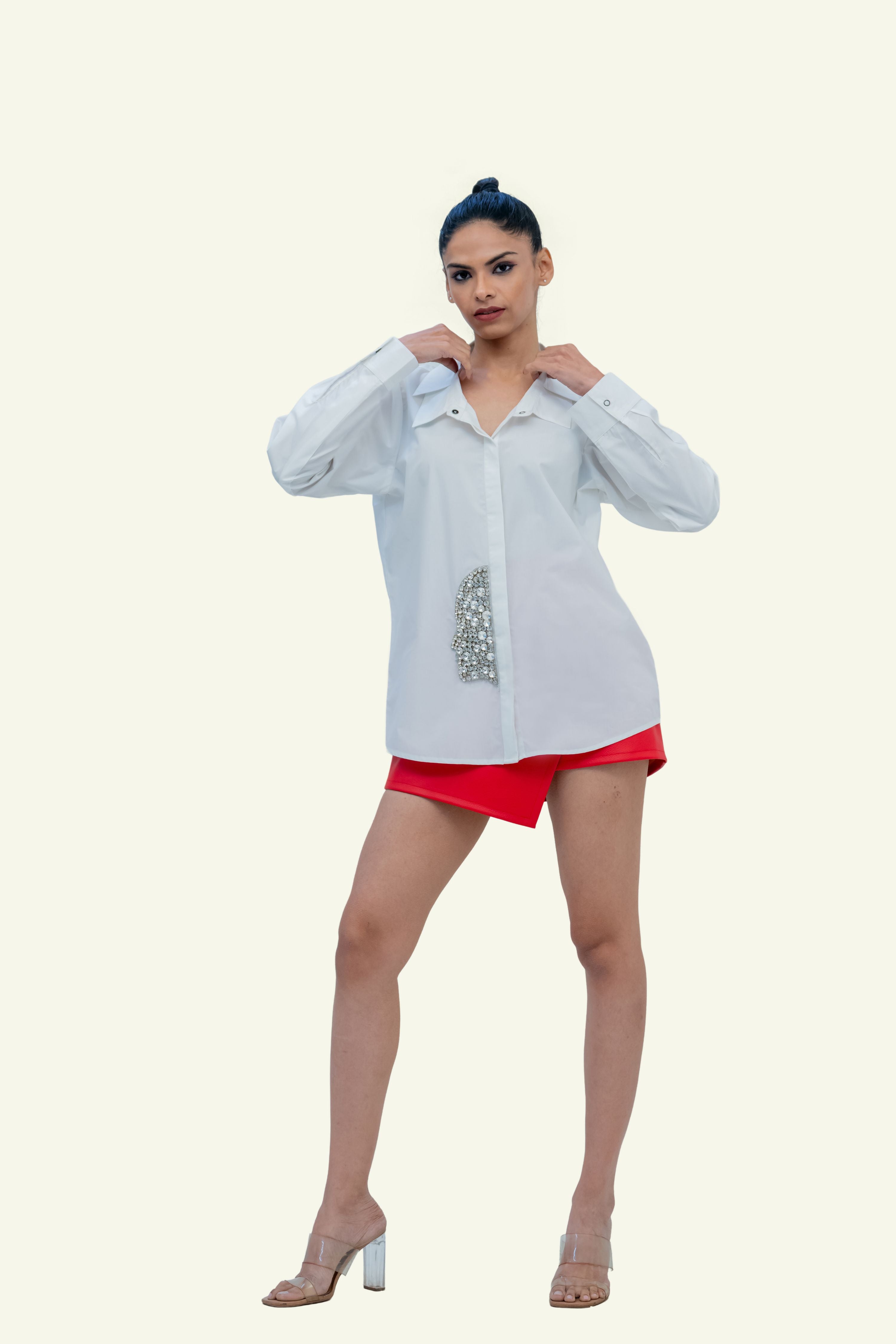 White Cotton Shirt with Crystal Embroidery