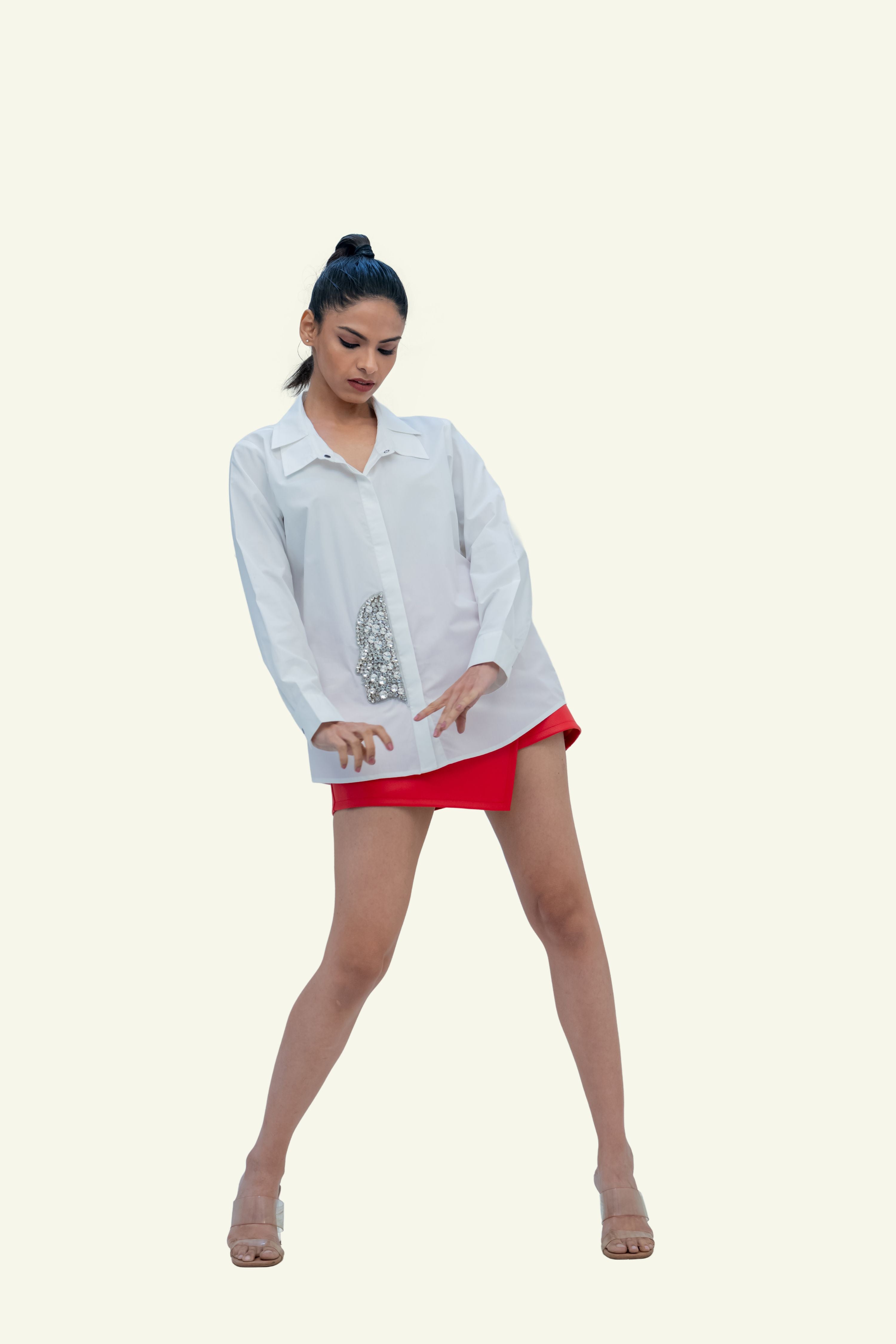 White Cotton Shirt with Crystal Embroidery