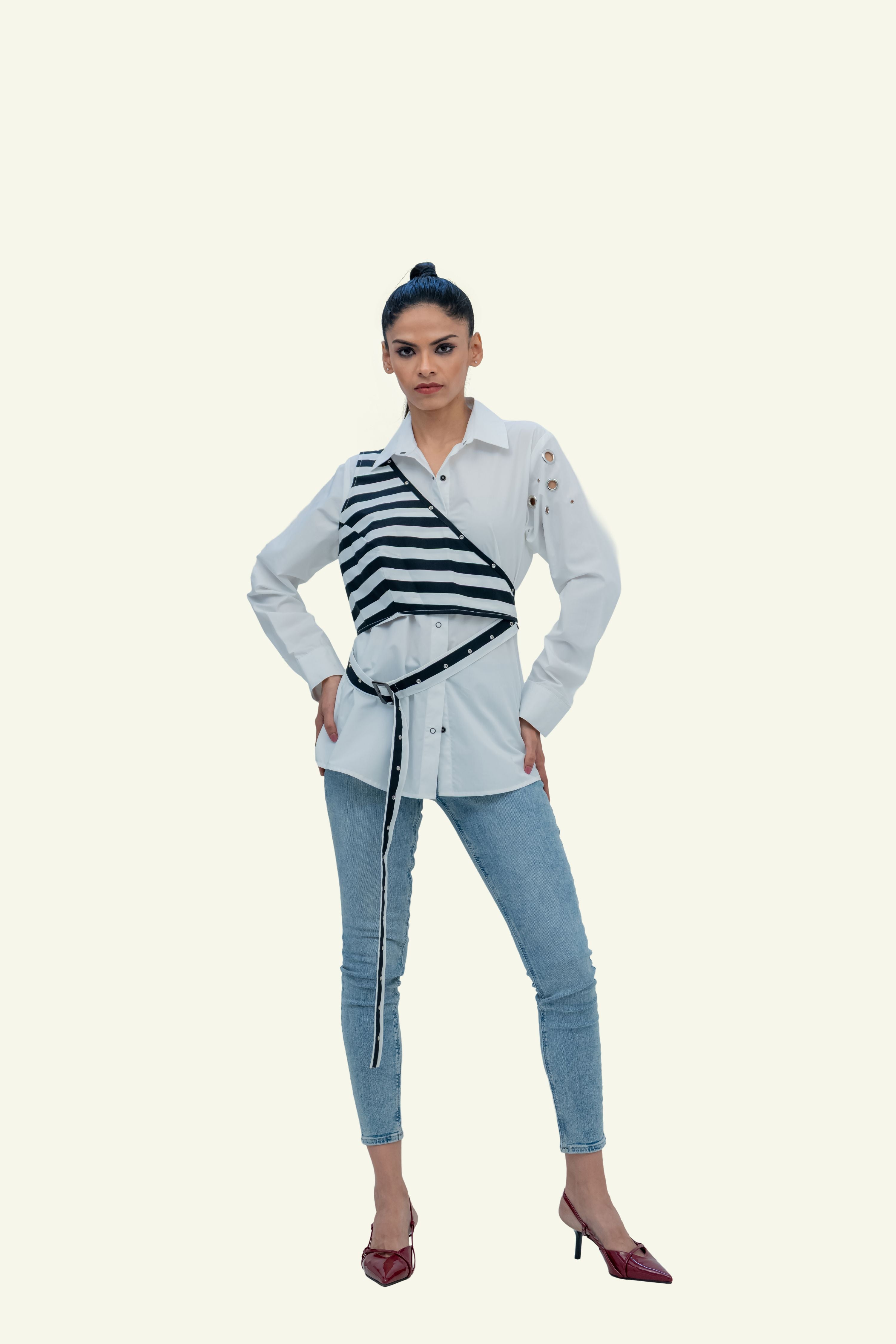 White Cotton Shirt with Stripped Vest