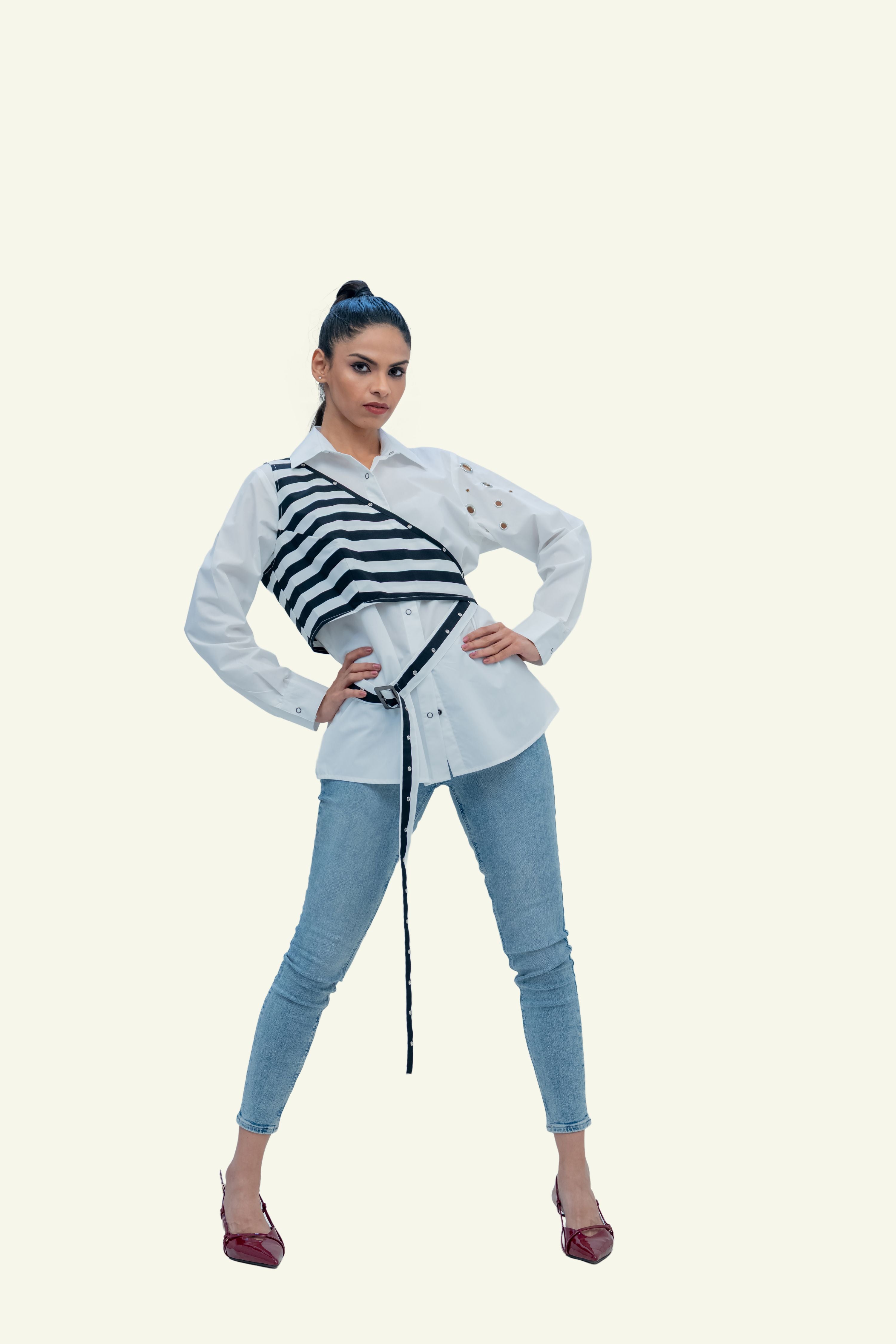 White Cotton Shirt with Stripped Vest