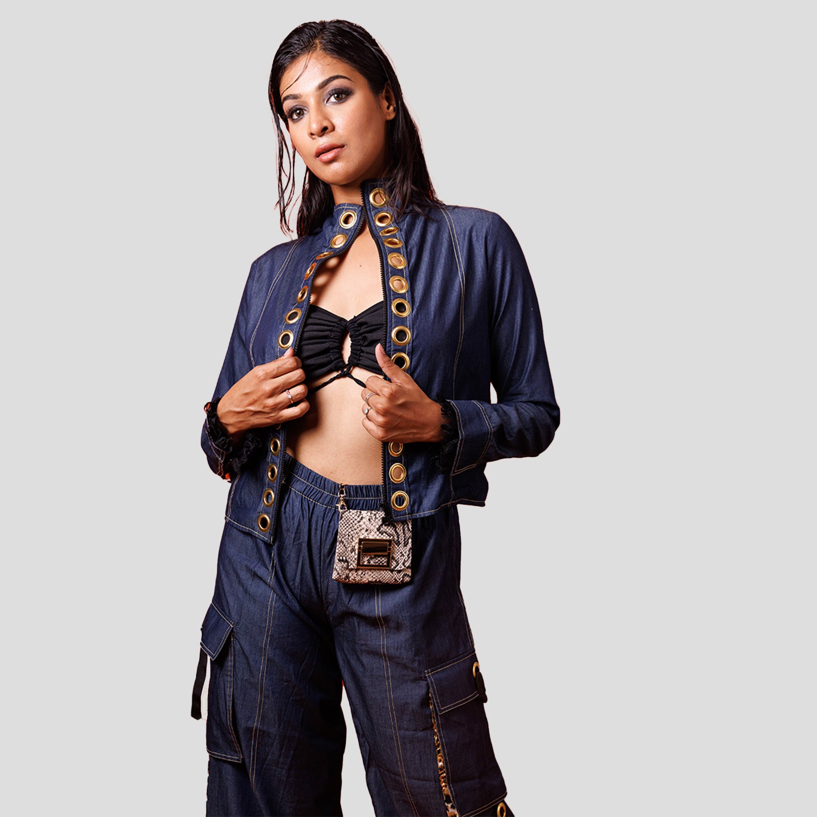 DENIM JACKET WITH EYELET DETAILING AND WIDE LEG CARGO PANTS WITH EYELET DETAILING