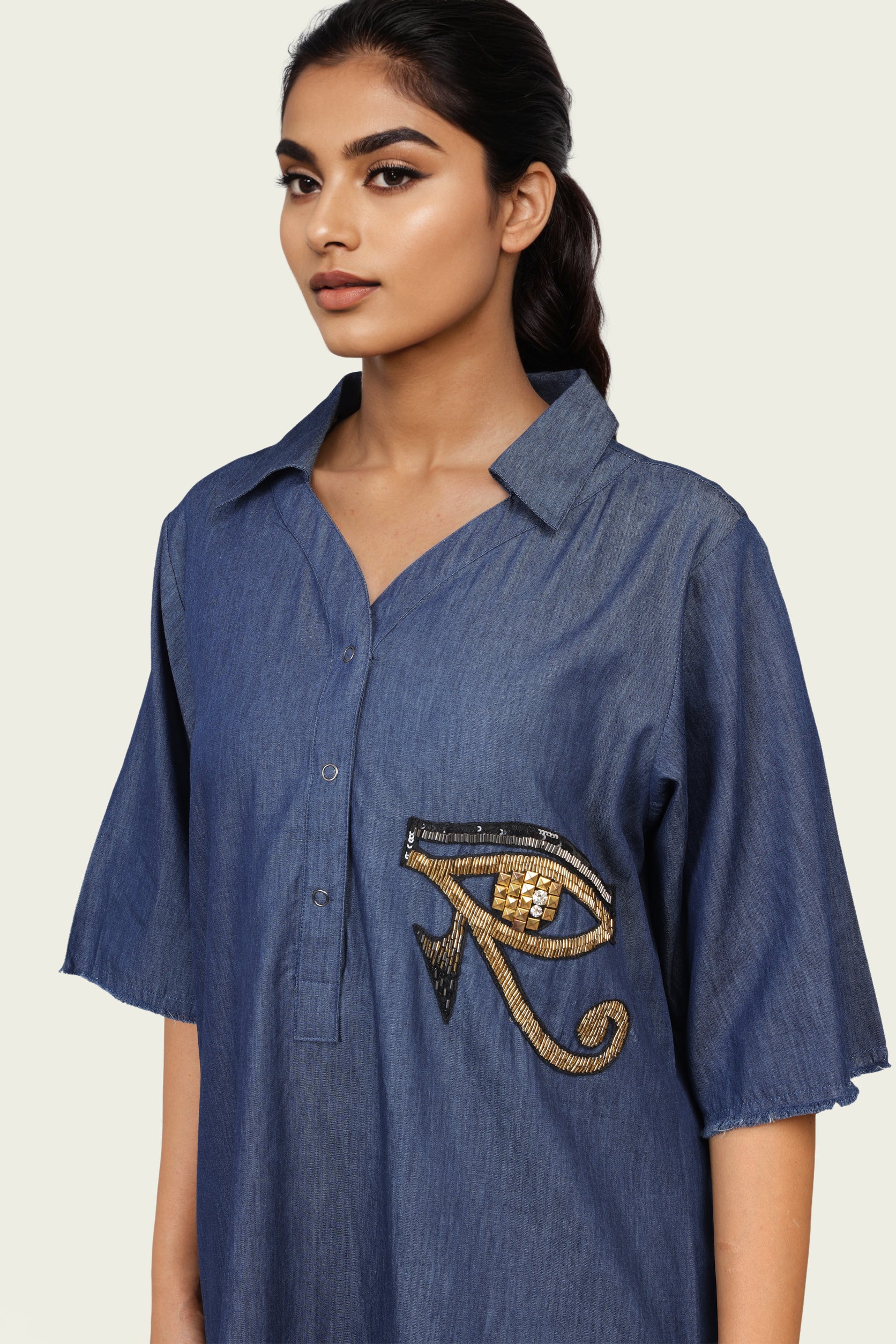 Denim Cotton One Piece Dress with Embroidery