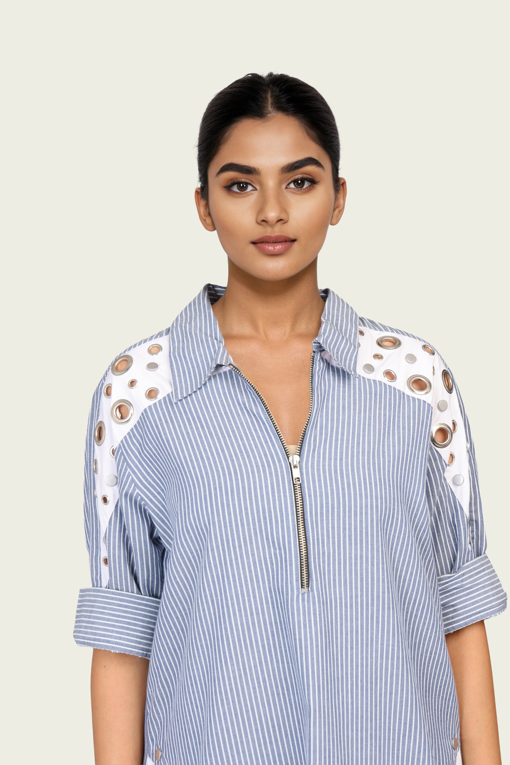 Blue and White Stripe One Piece Cotton Dress with Eyelets and Snap Buttons