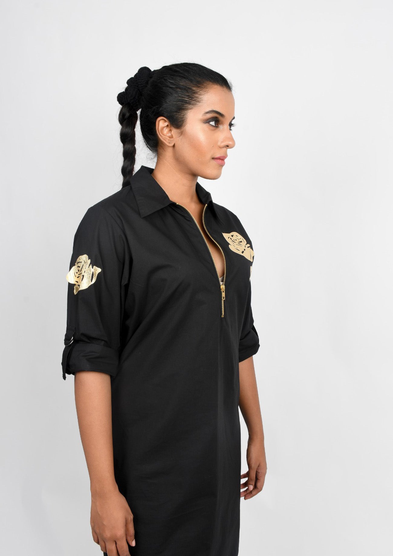 Black Cotton One Piece Dress With Applique