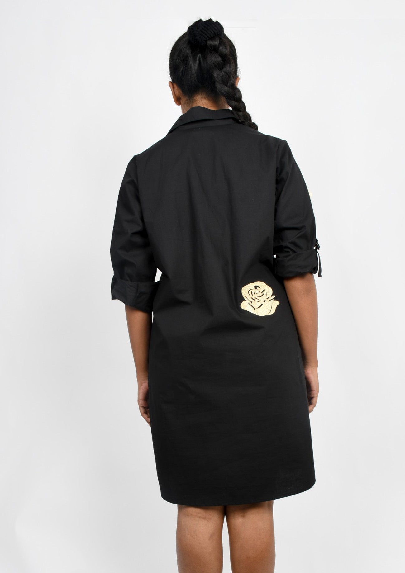 Black Cotton One Piece Dress With Applique