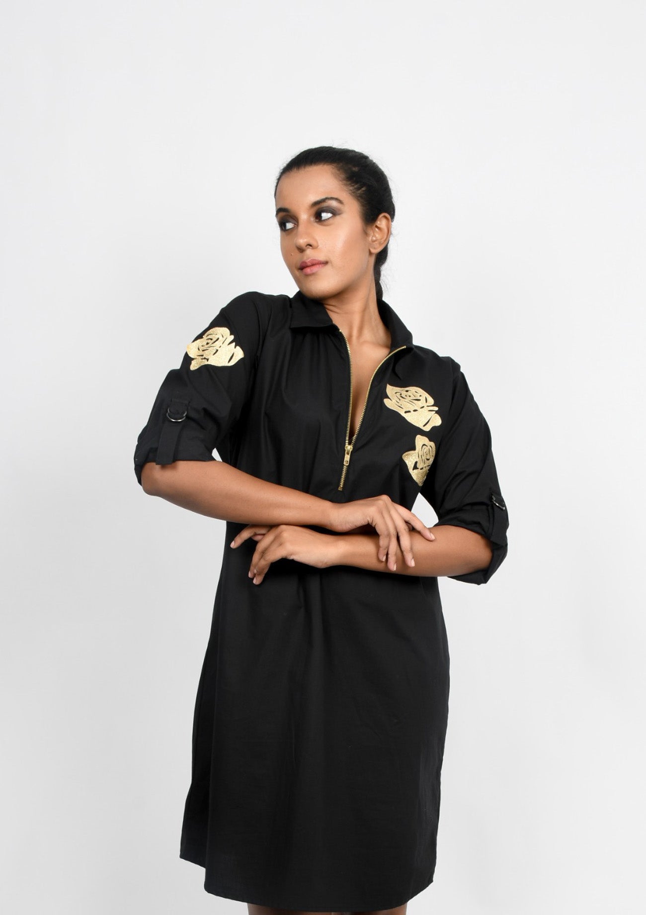 Black Cotton One Piece Dress With Applique