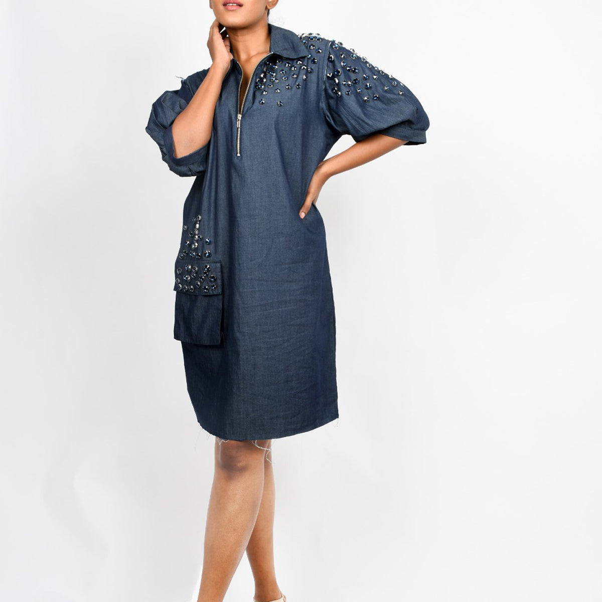 Buy Denim One Piece Dress with Crystal Embroidery
