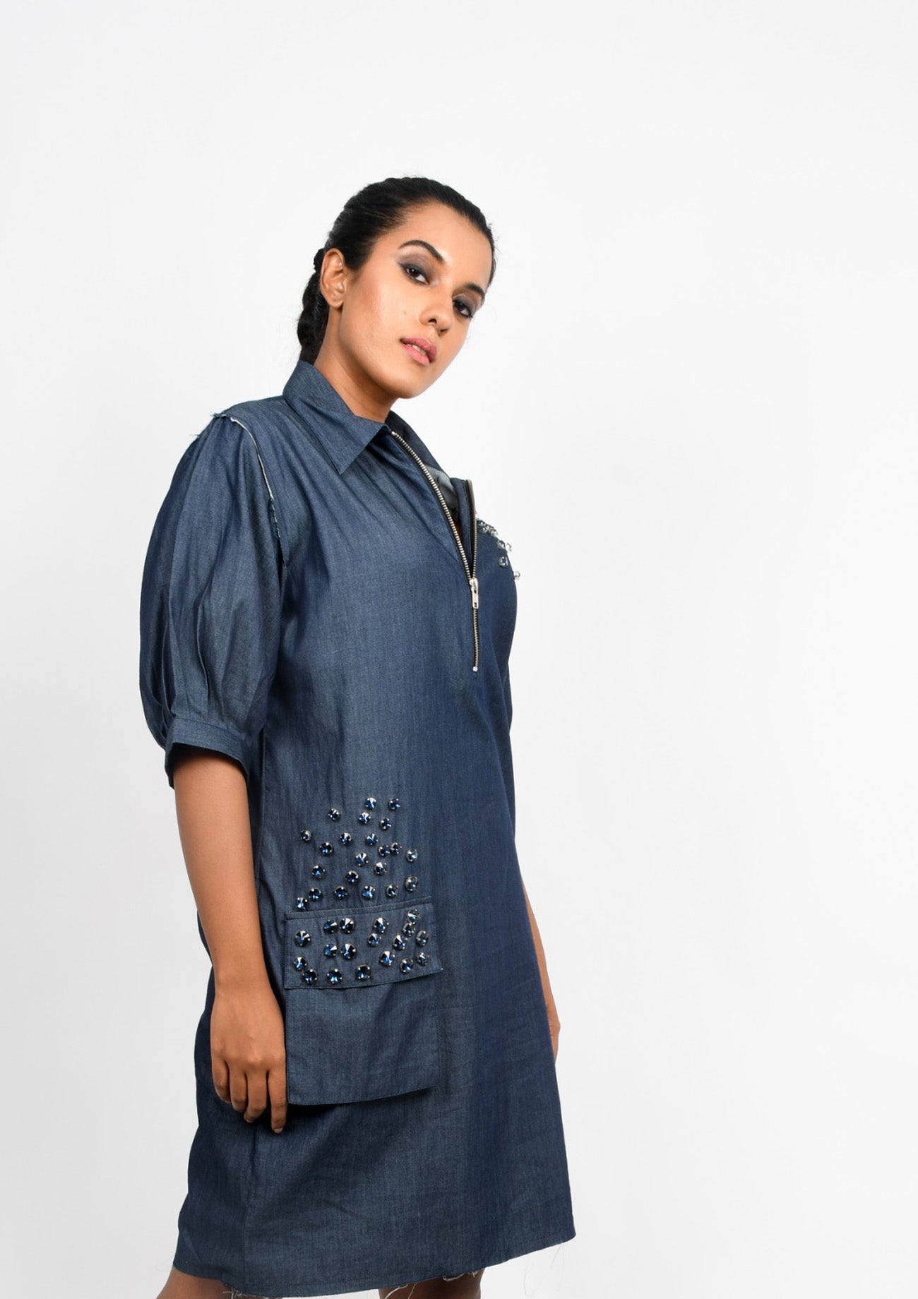 Denim One Piece Dress with Crystal Embroidery